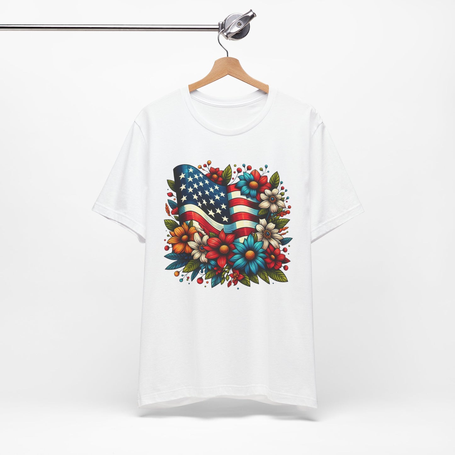 Flag and Flowers Patriotic Graphic Tee, Fun Summer T-Shirt, Holiday Apparel, 4th of July Shirt
