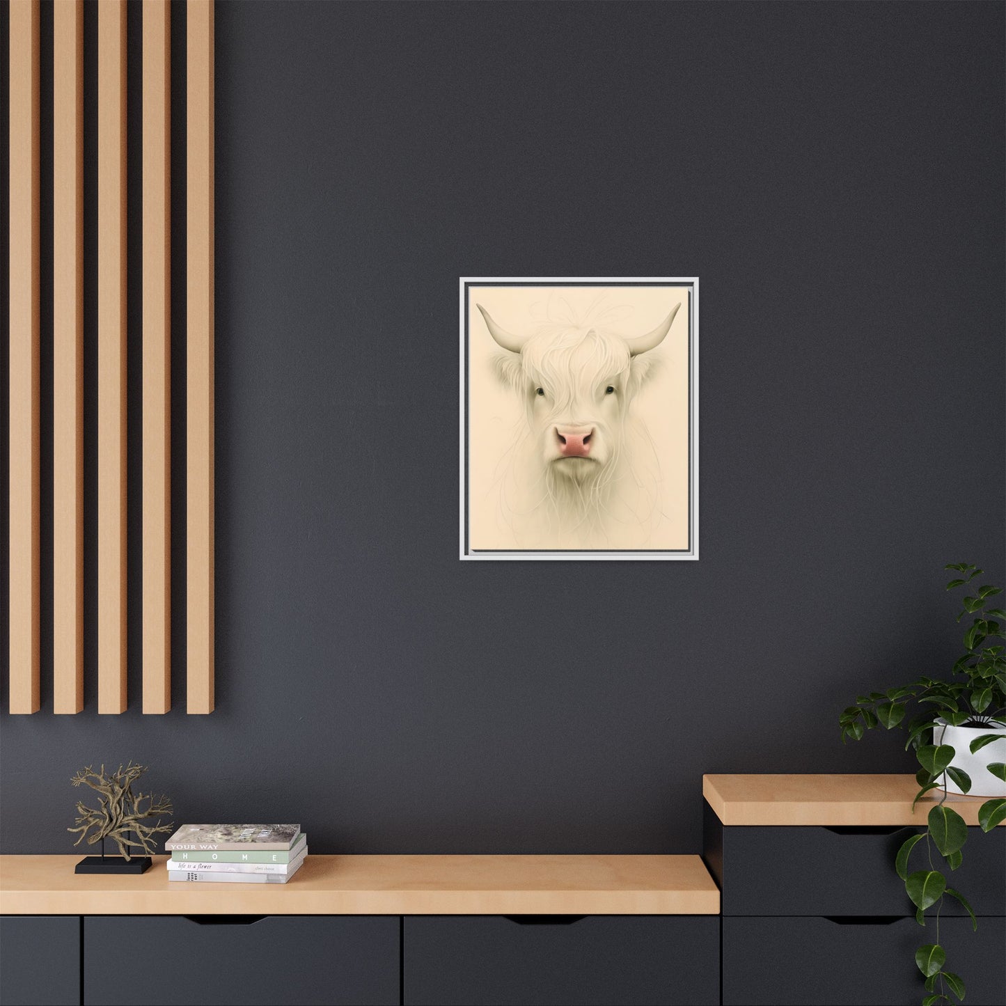 Framed Highland Cow Art Print (White), Rustic Home Decor, Animal Wall Art, Farmhouse Style, Gift for Cow Lovers