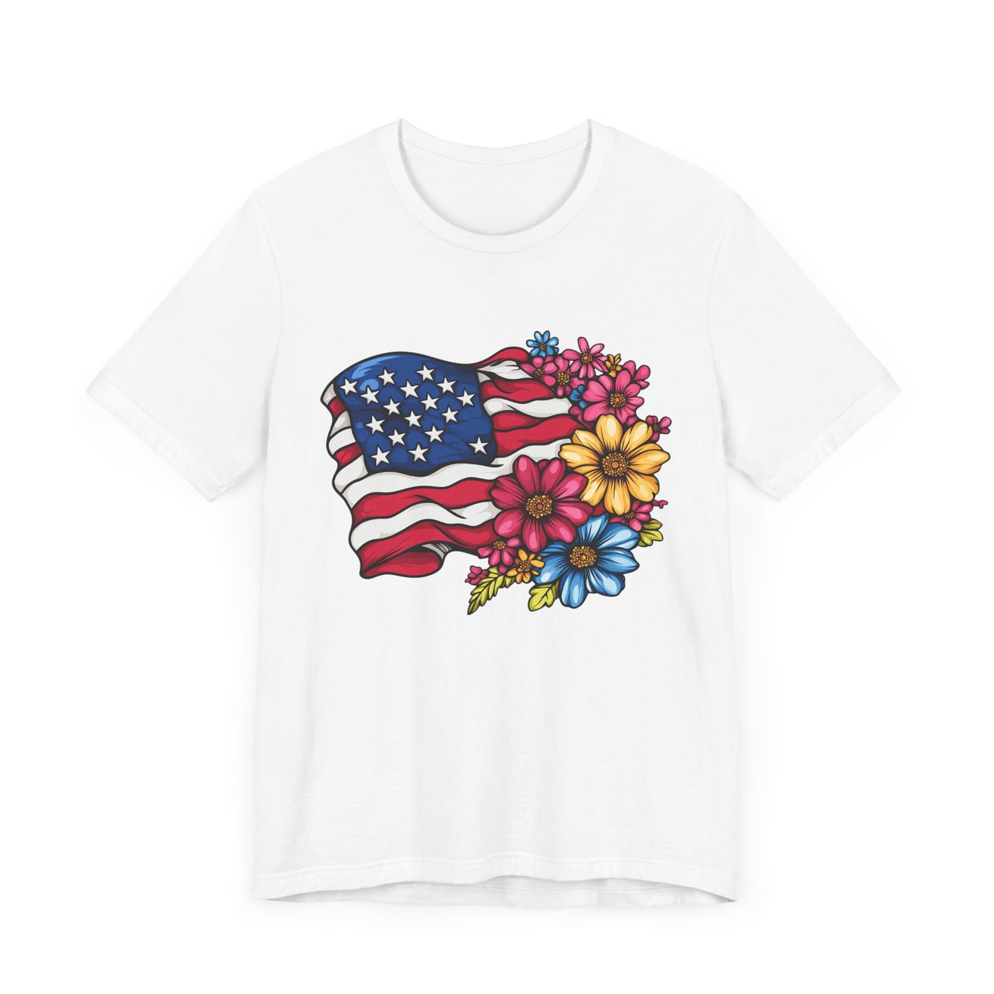 Floral American Flag Patriotic Graphic Tee, Fun Summer T-Shirt, Holiday Apparel, 4th of July Shirt