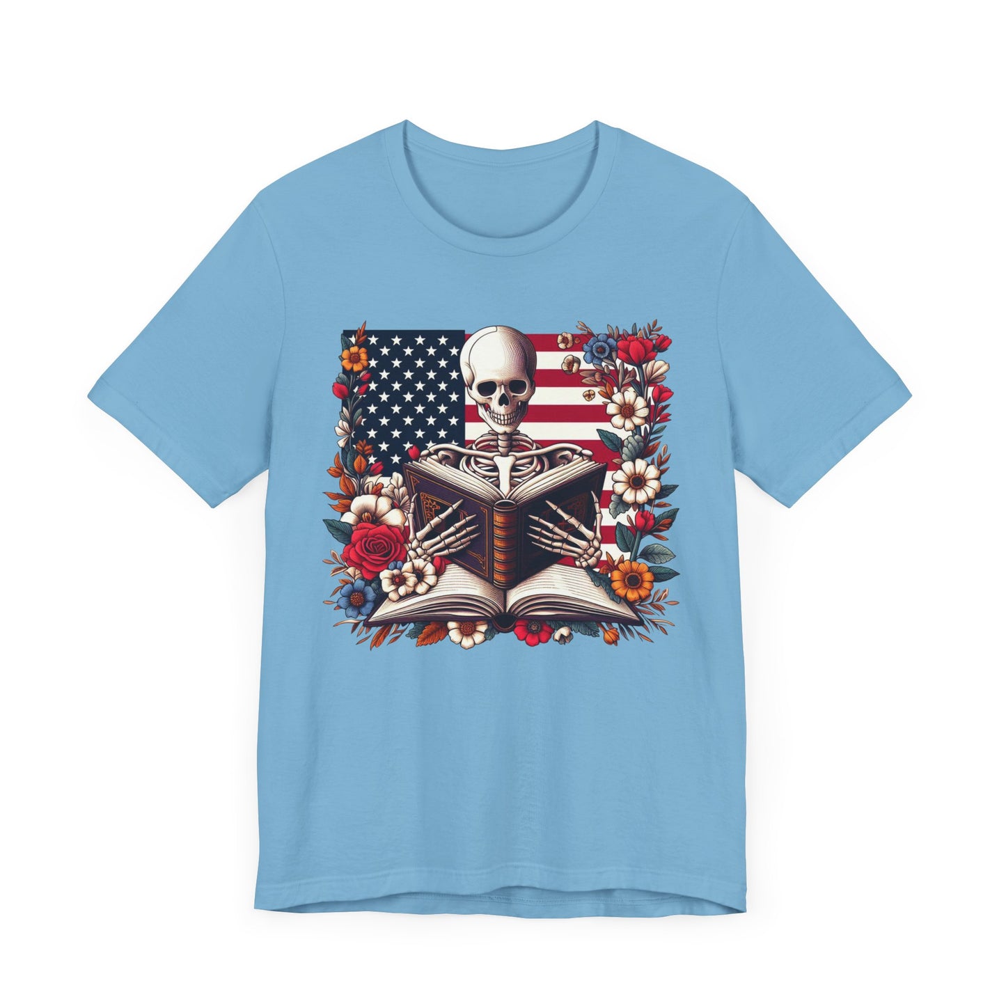 Reading Skeleton Patriotic Graphic Tee, Fun Summer T-Shirt, Holiday Apparel, 4th of July Shirt