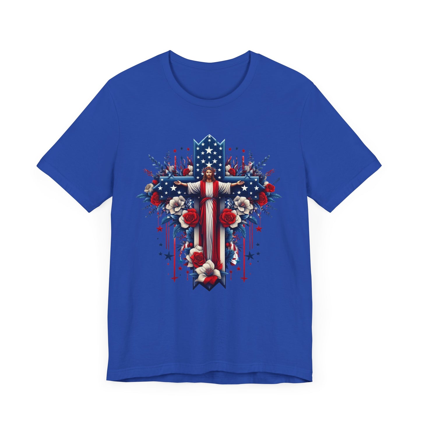 Jesus on Cross Patriotic Graphic Tee, Fun Summer T-Shirt, Holiday Apparel, 4th of July Shirt