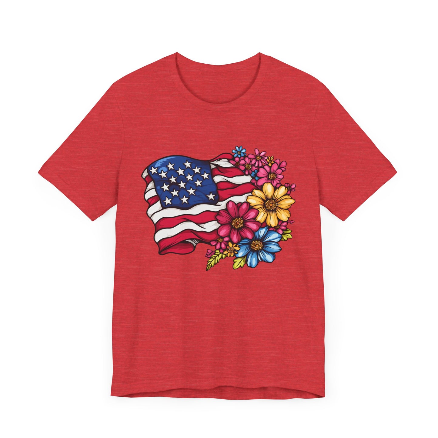 Floral American Flag Patriotic Graphic Tee, Fun Summer T-Shirt, Holiday Apparel, 4th of July Shirt