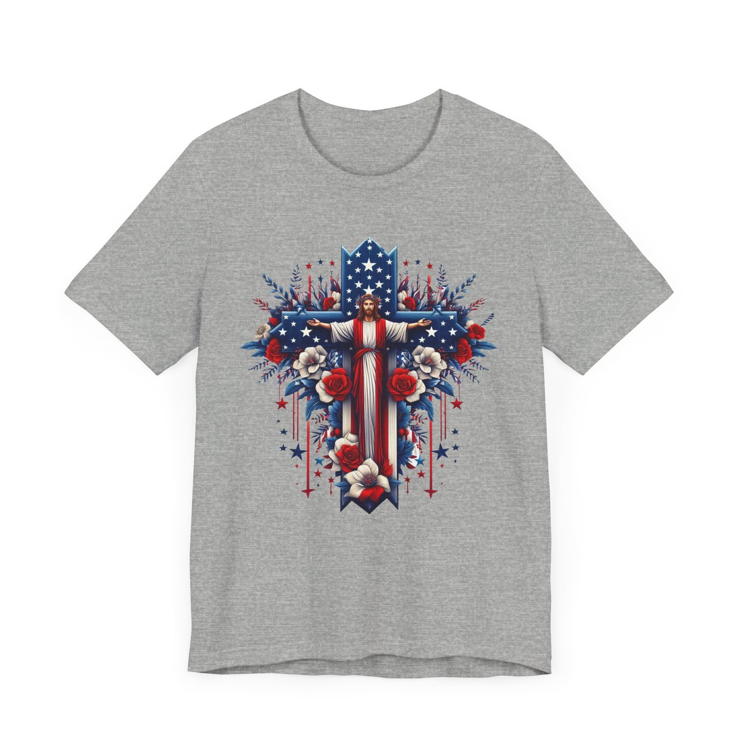 Jesus on Cross Patriotic Graphic Tee, Fun Summer T-Shirt, Holiday Apparel, 4th of July Shirt
