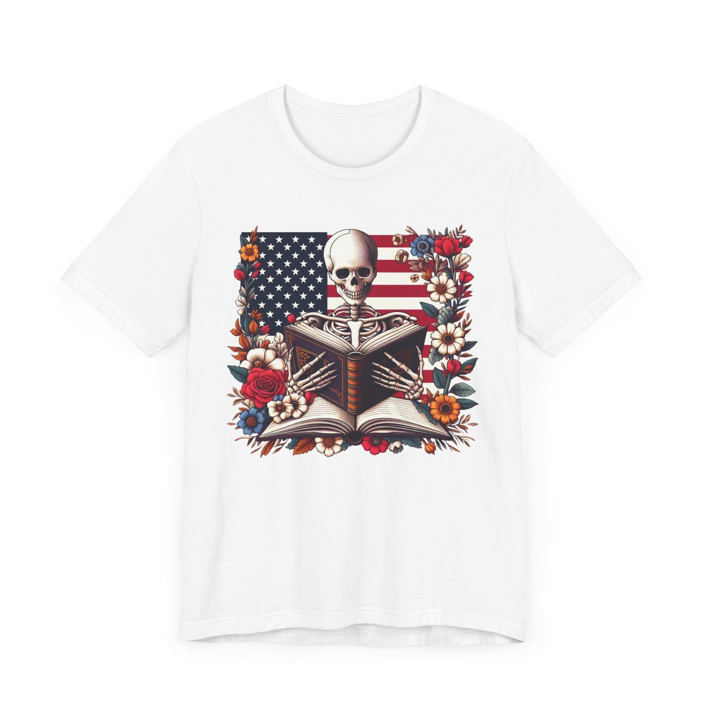 Reading Skeleton Patriotic Graphic Tee, Fun Summer T-Shirt, Holiday Apparel, 4th of July Shirt