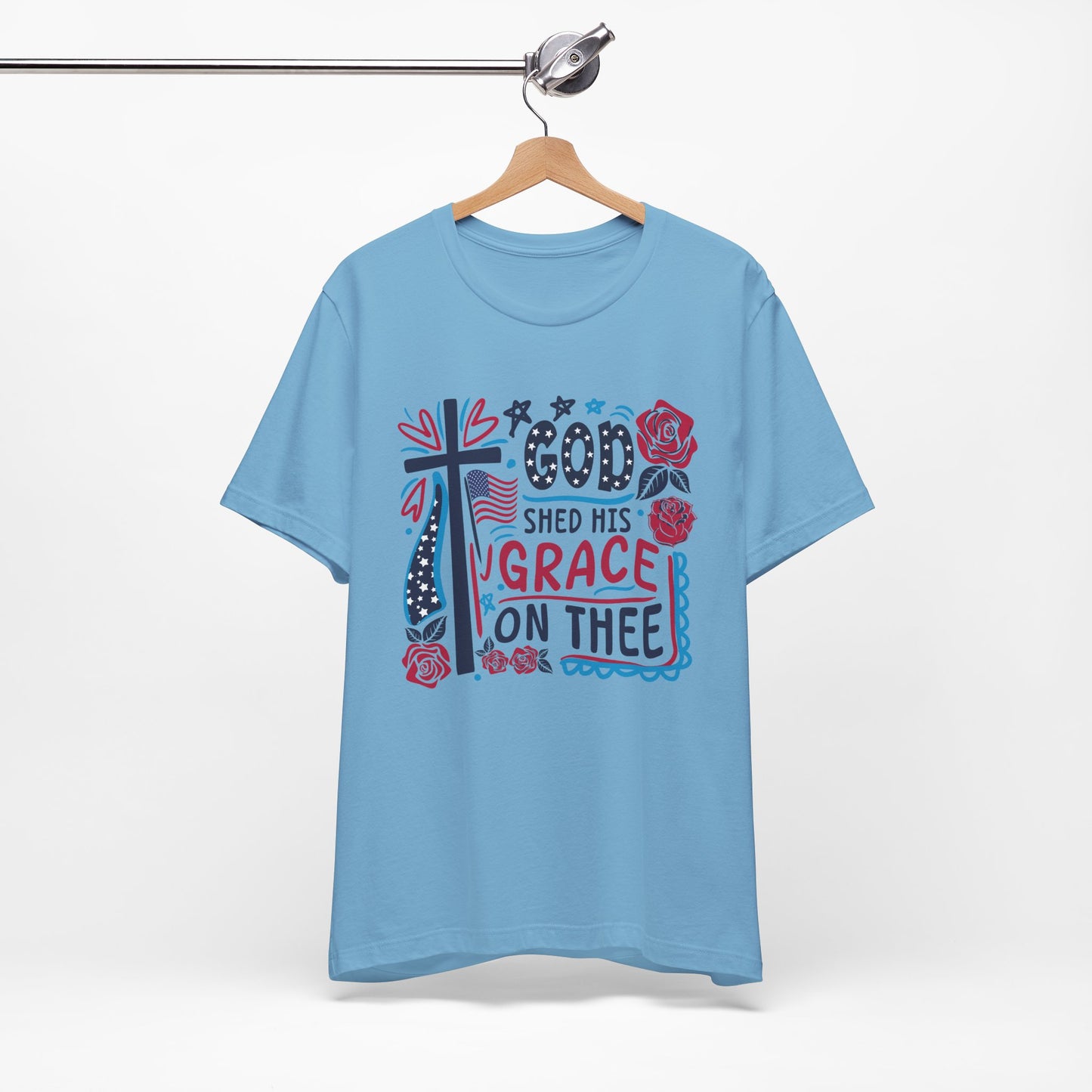 Gods Grace on Thee Patriotic Graphic Tee, Fun Summer T-Shirt, Holiday Apparel, 4th of July Shirt