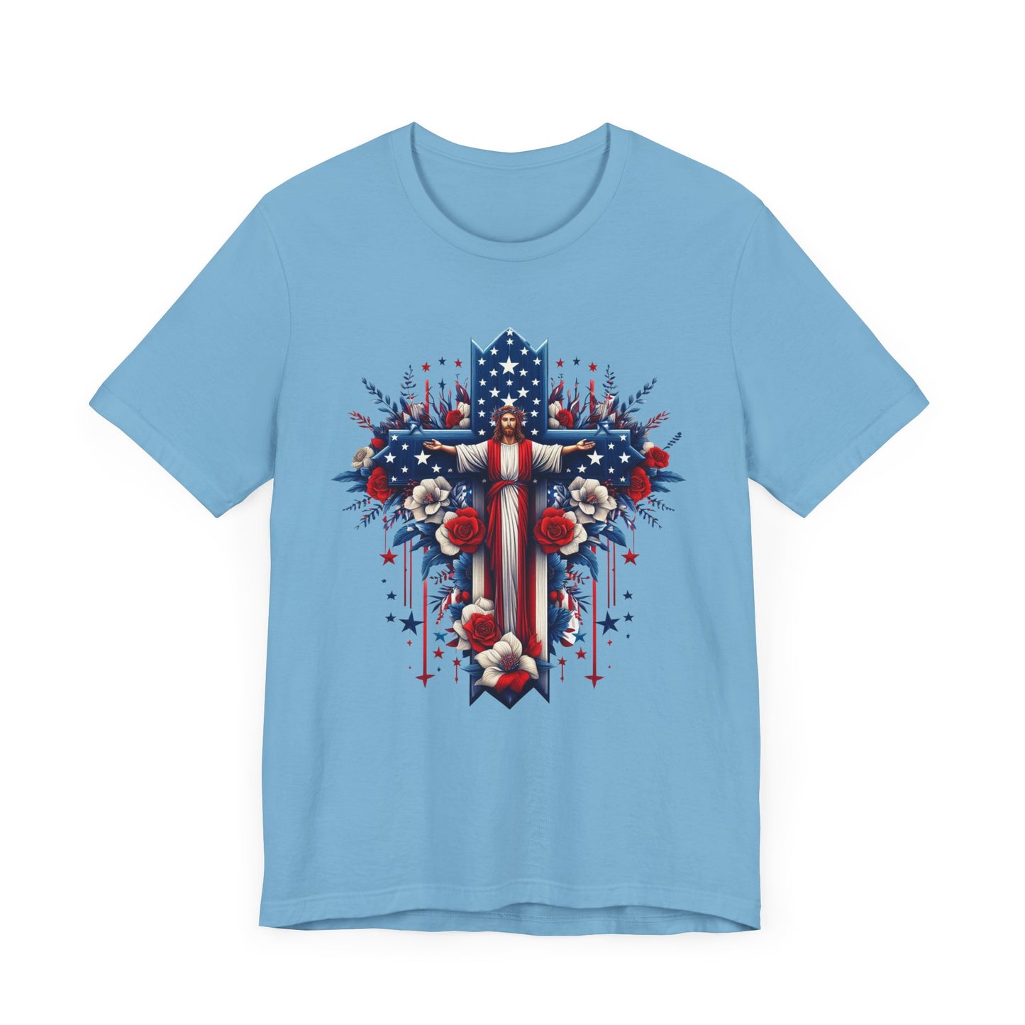 Jesus on Cross Patriotic Graphic Tee, Fun Summer T-Shirt, Holiday Apparel, 4th of July Shirt