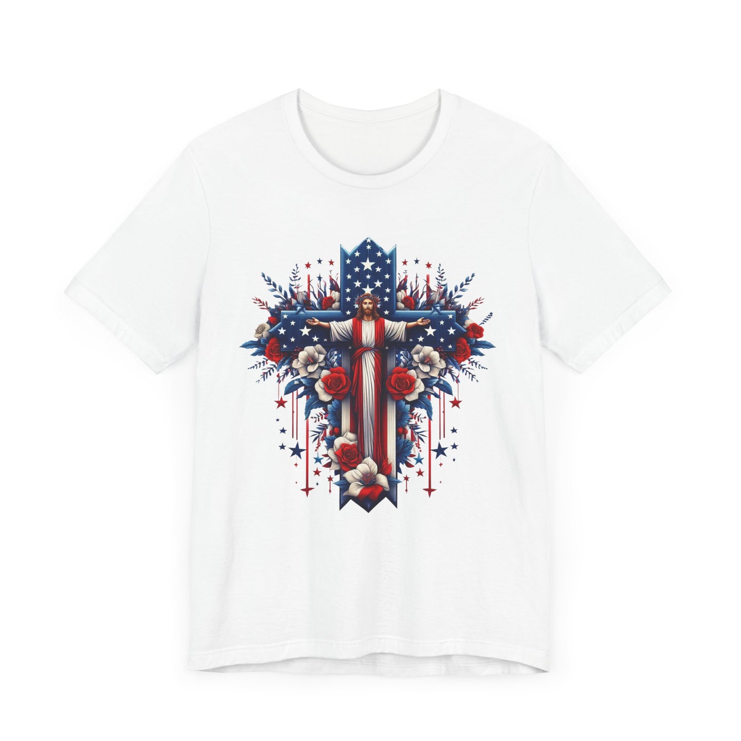 Jesus on Cross Patriotic Graphic Tee, Fun Summer T-Shirt, Holiday Apparel, 4th of July Shirt