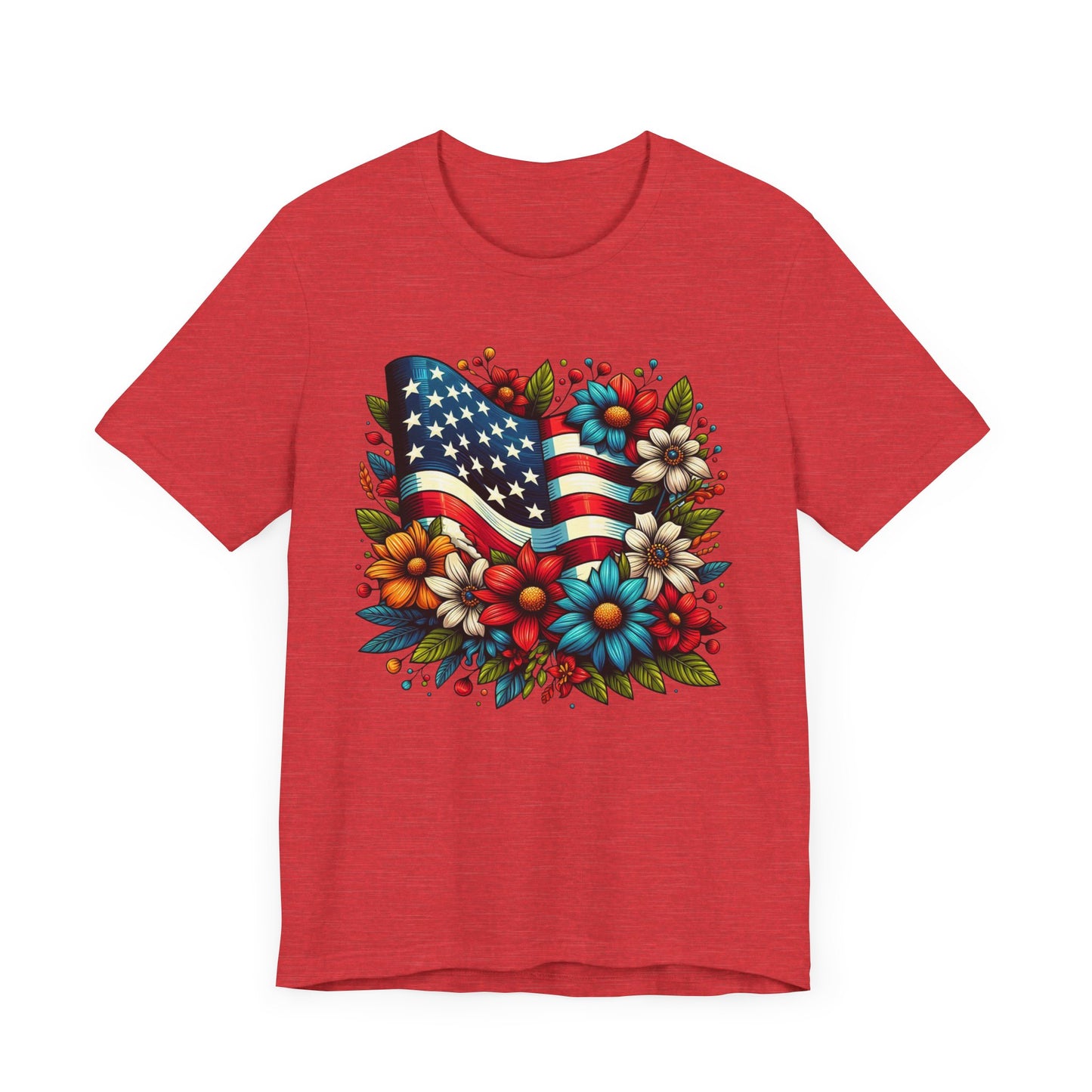 Flag and Flowers Patriotic Graphic Tee, Fun Summer T-Shirt, Holiday Apparel, 4th of July Shirt