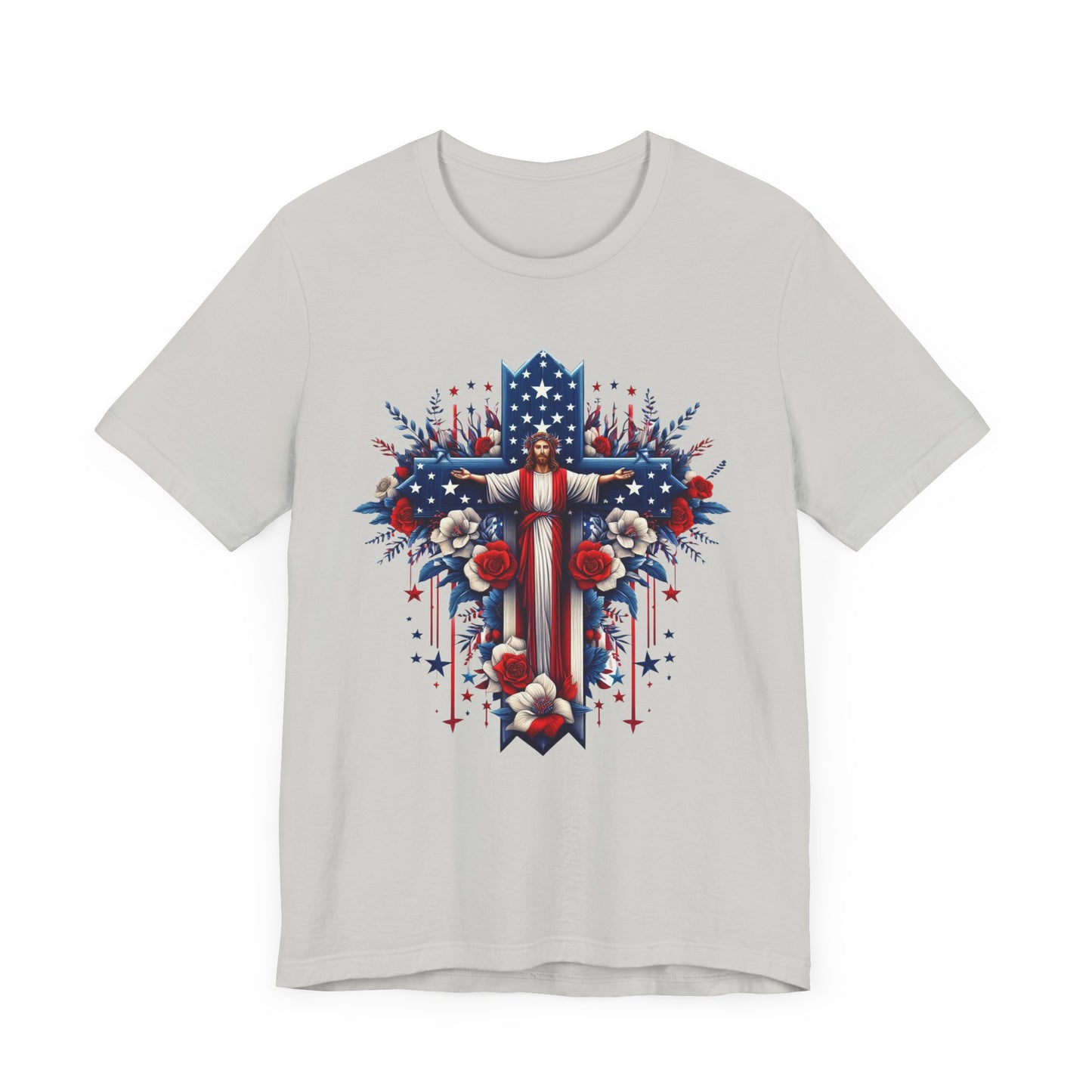Jesus on Cross Patriotic Graphic Tee, Fun Summer T-Shirt, Holiday Apparel, 4th of July Shirt
