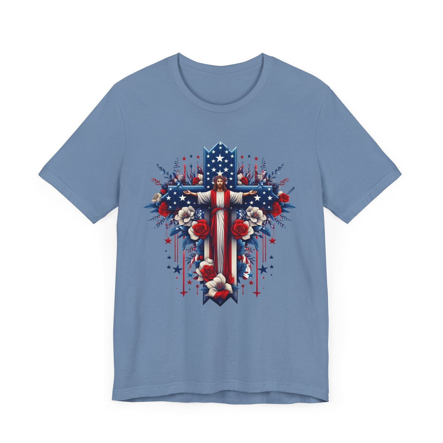 Jesus on Cross Patriotic Graphic Tee, Fun Summer T-Shirt, Holiday Apparel, 4th of July Shirt