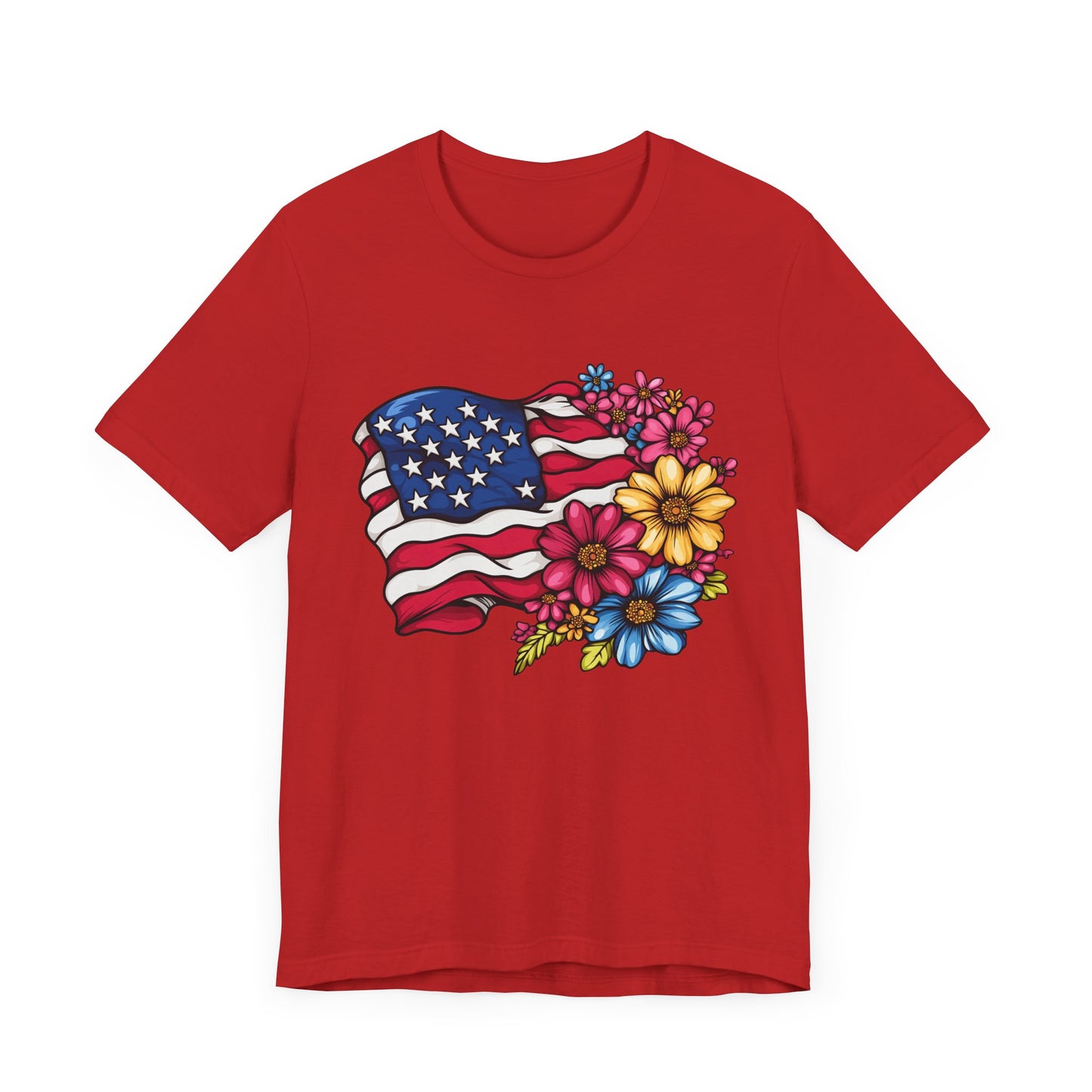 Floral American Flag Patriotic Graphic Tee, Fun Summer T-Shirt, Holiday Apparel, 4th of July Shirt