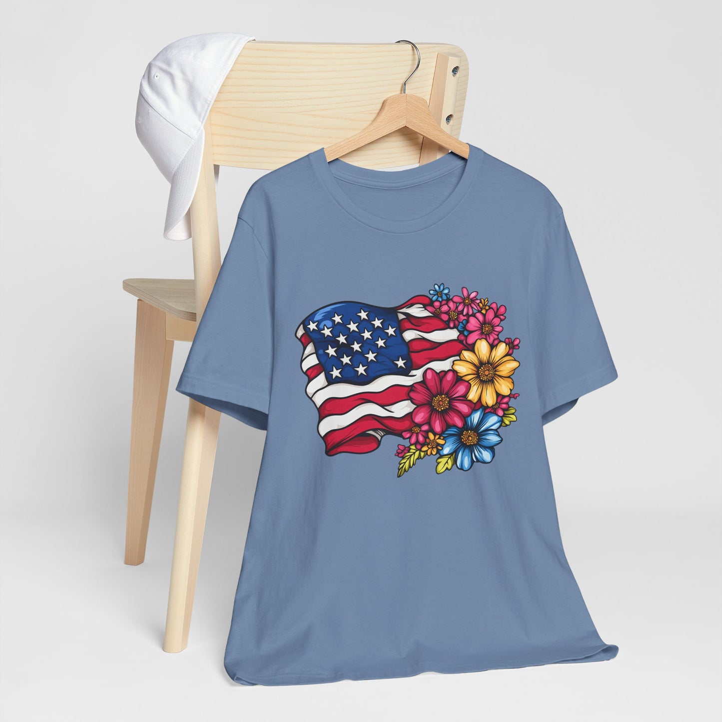 Floral American Flag Patriotic Graphic Tee, Fun Summer T-Shirt, Holiday Apparel, 4th of July Shirt