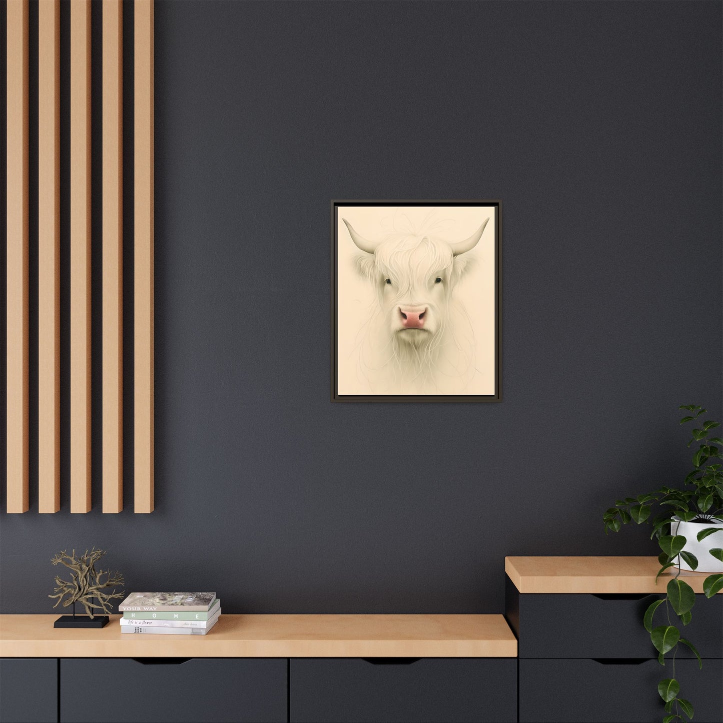 Framed Highland Cow Art Print (White), Rustic Home Decor, Animal Wall Art, Farmhouse Style, Gift for Cow Lovers