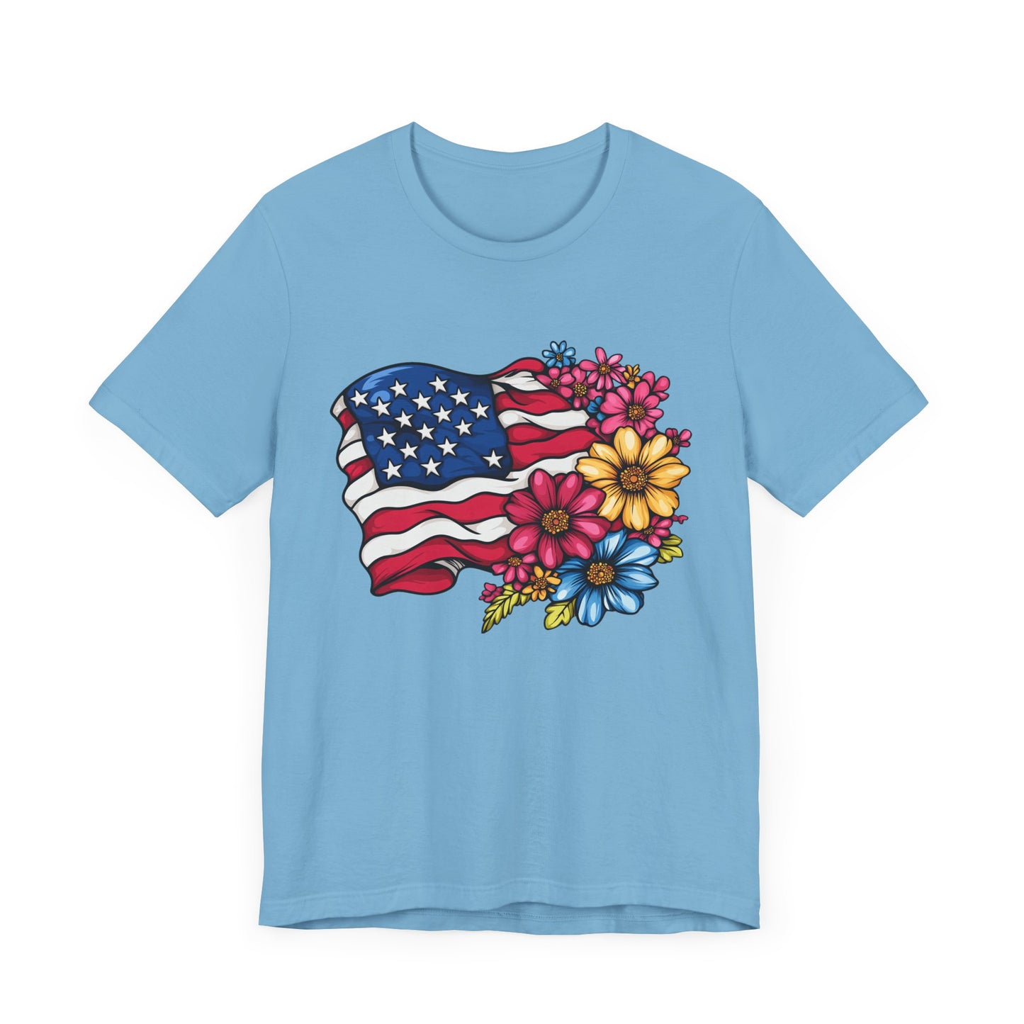 Floral American Flag Patriotic Graphic Tee, Fun Summer T-Shirt, Holiday Apparel, 4th of July Shirt