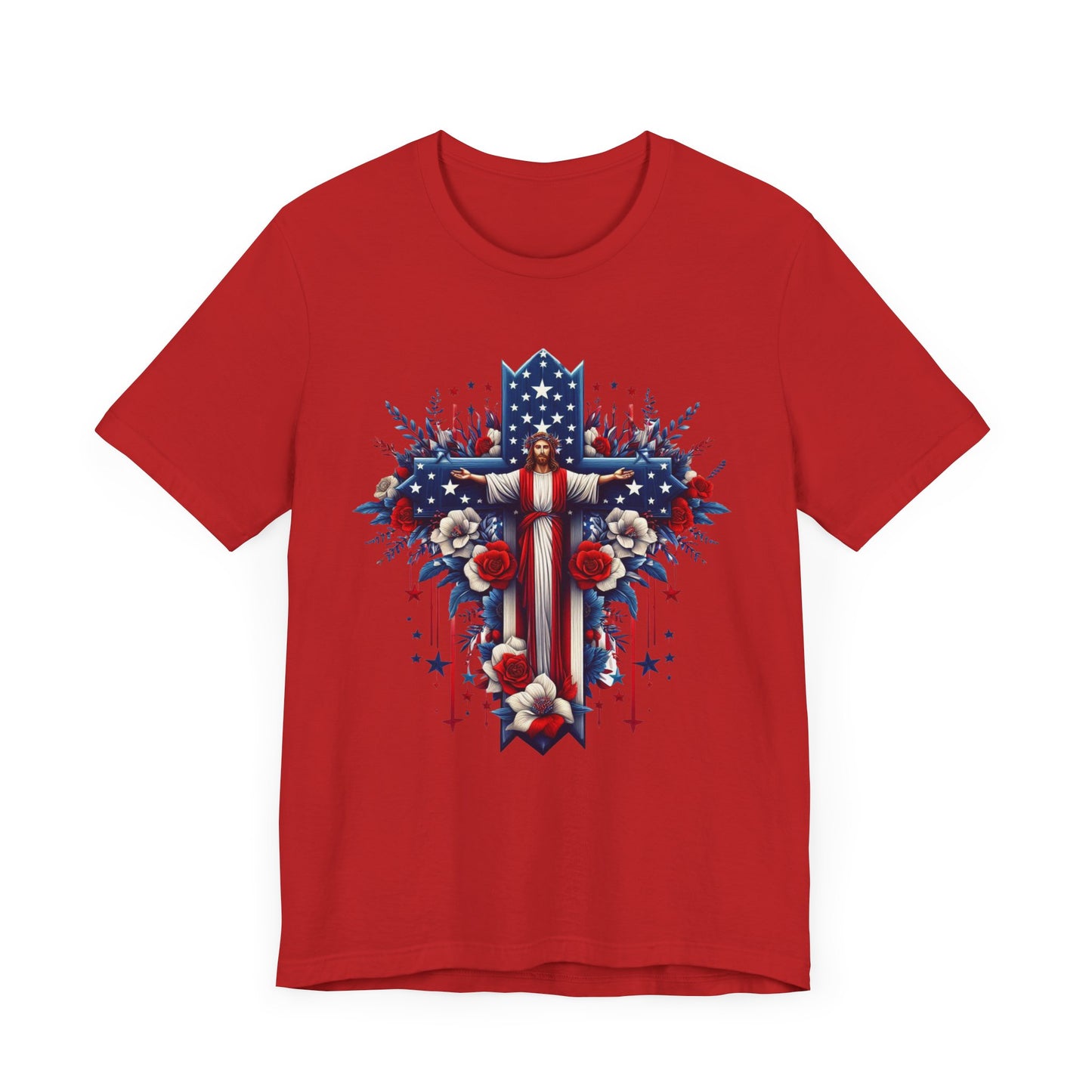 Jesus on Cross Patriotic Graphic Tee, Fun Summer T-Shirt, Holiday Apparel, 4th of July Shirt