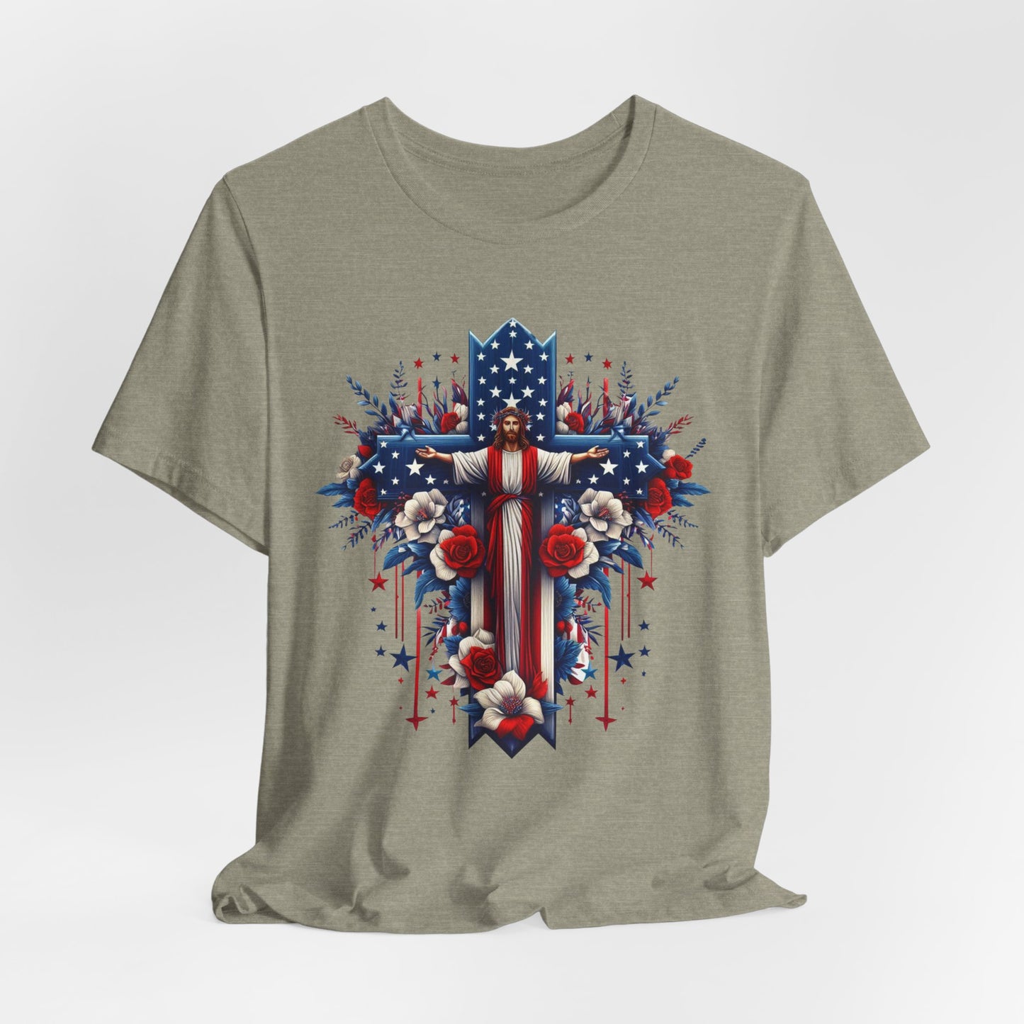 Jesus on Cross Patriotic Graphic Tee, Fun Summer T-Shirt, Holiday Apparel, 4th of July Shirt
