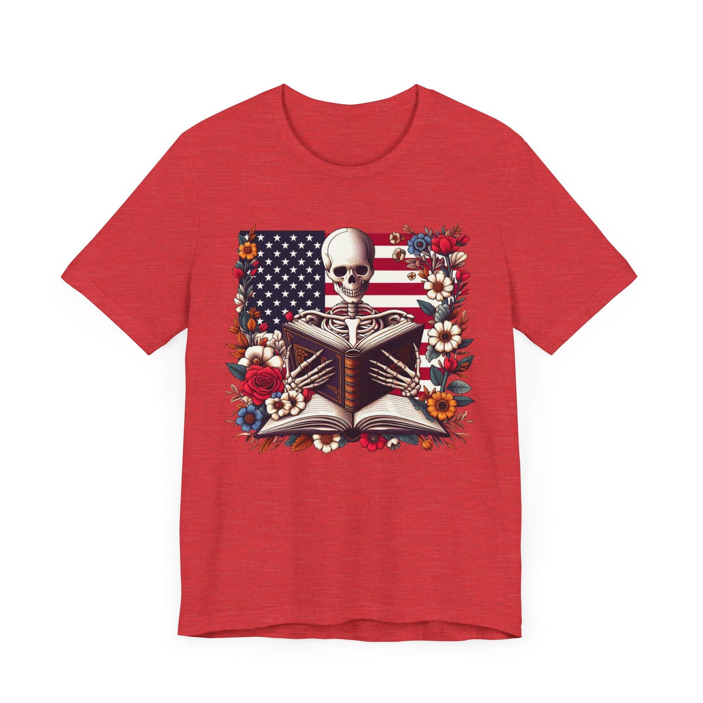 Reading Skeleton Patriotic Graphic Tee, Fun Summer T-Shirt, Holiday Apparel, 4th of July Shirt