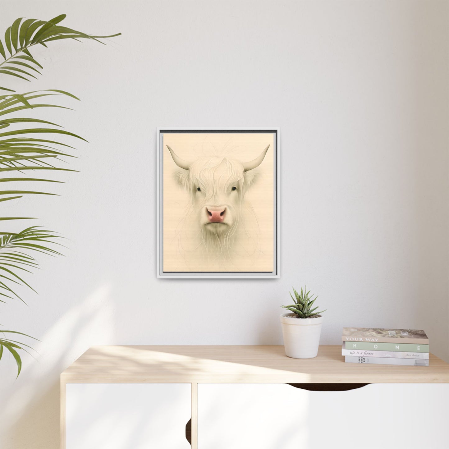 Framed Highland Cow Art Print (White), Rustic Home Decor, Animal Wall Art, Farmhouse Style, Gift for Cow Lovers