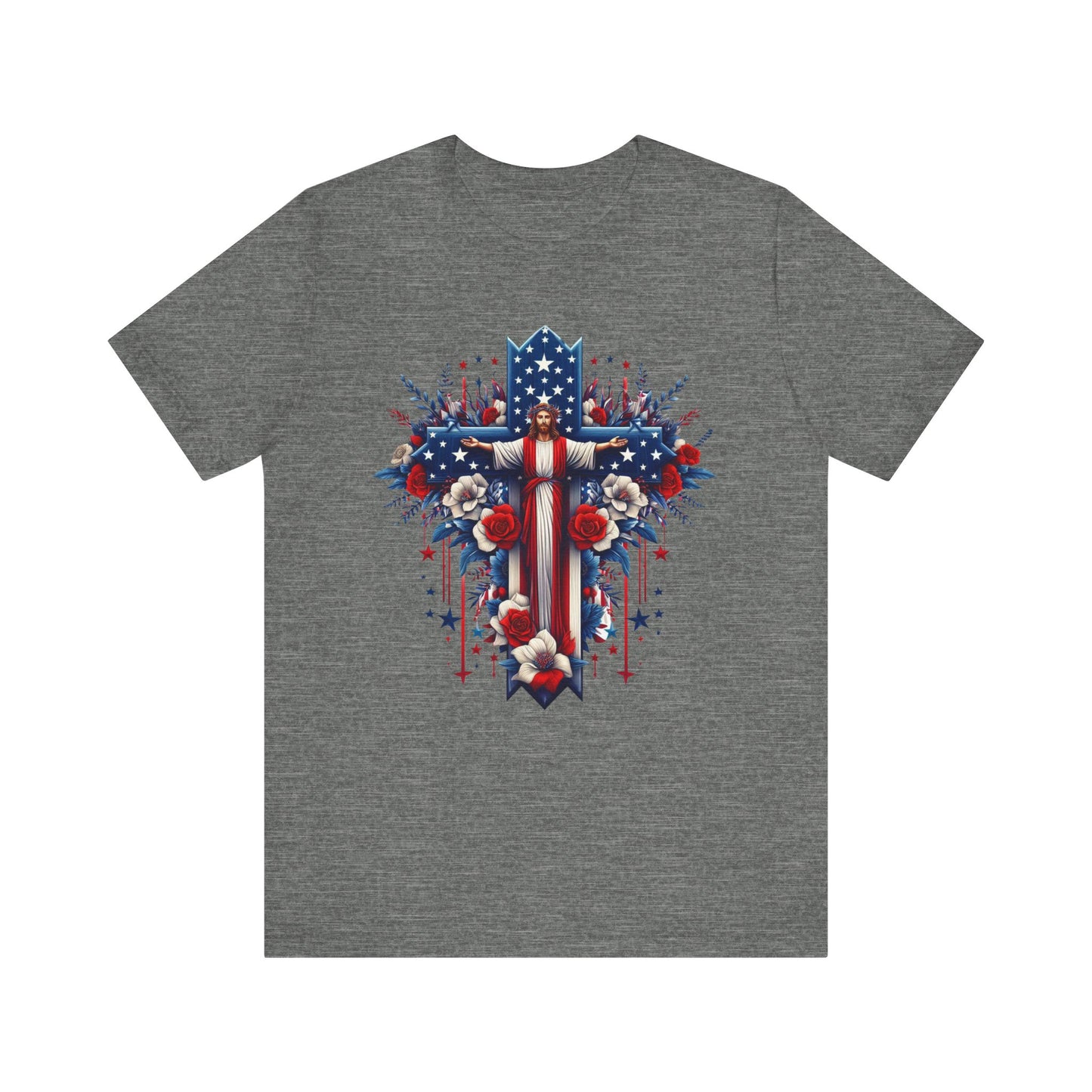 Jesus on Cross Patriotic Graphic Tee, Fun Summer T-Shirt, Holiday Apparel, 4th of July Shirt