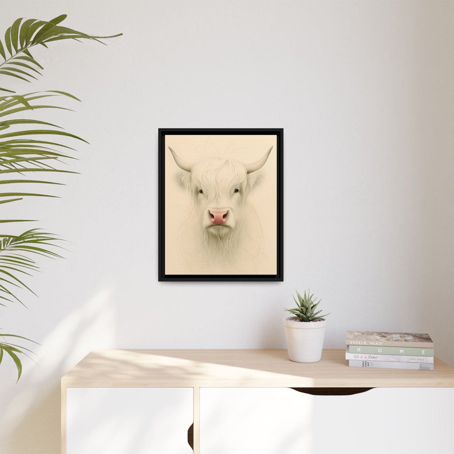 Framed Highland Cow Art Print (White), Rustic Home Decor, Animal Wall Art, Farmhouse Style, Gift for Cow Lovers