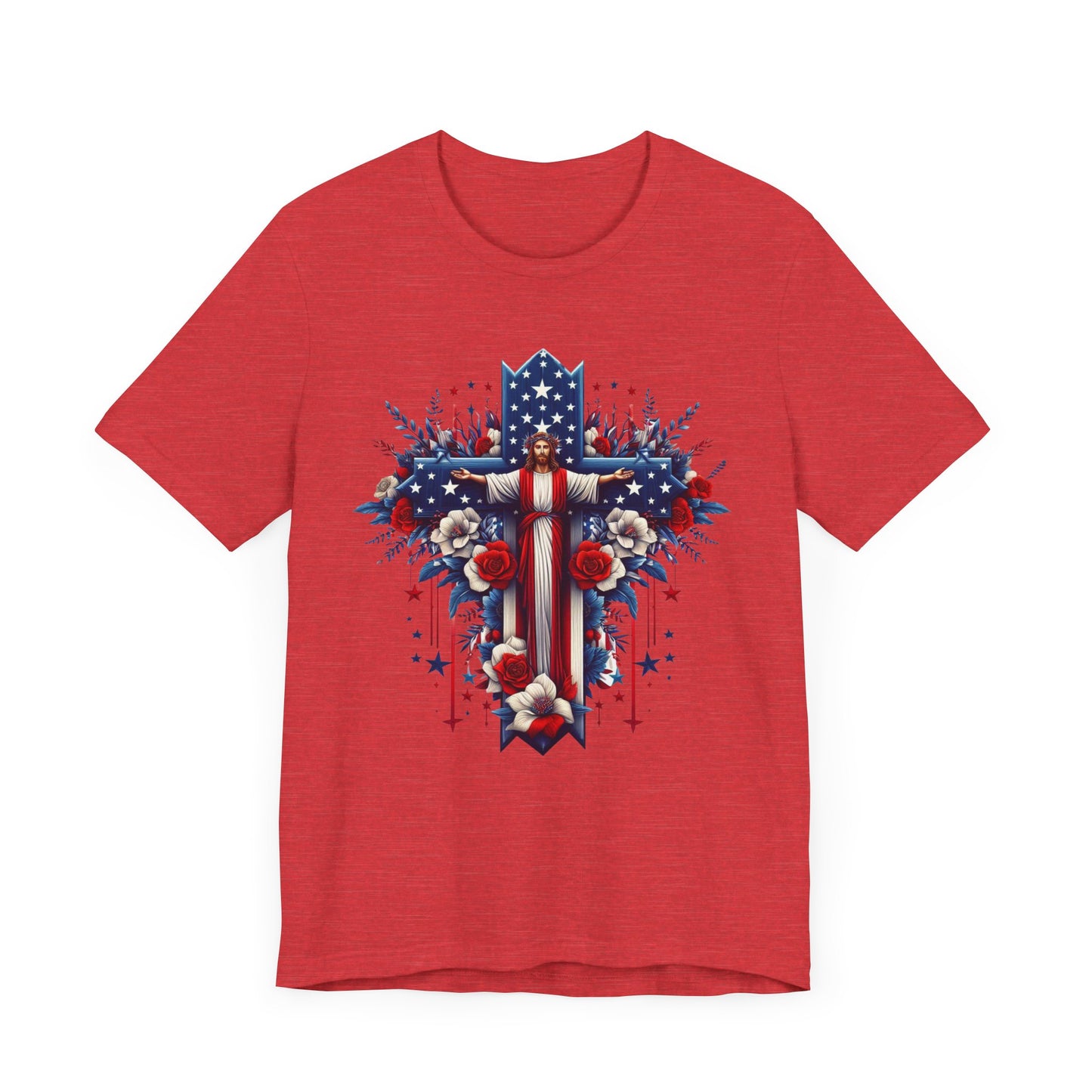 Jesus on Cross Patriotic Graphic Tee, Fun Summer T-Shirt, Holiday Apparel, 4th of July Shirt