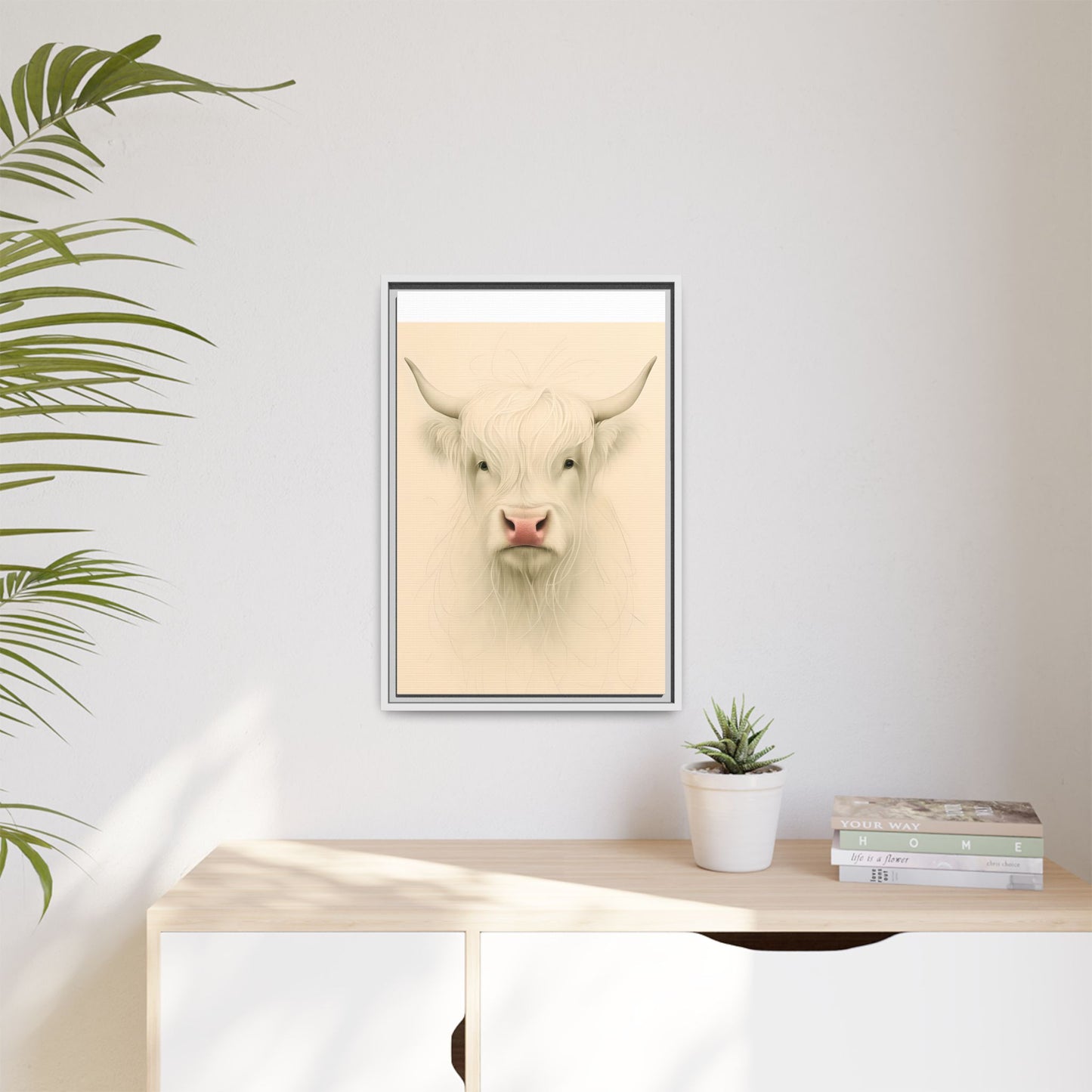 Framed Highland Cow Art Print (White), Rustic Home Decor, Animal Wall Art, Farmhouse Style, Gift for Cow Lovers
