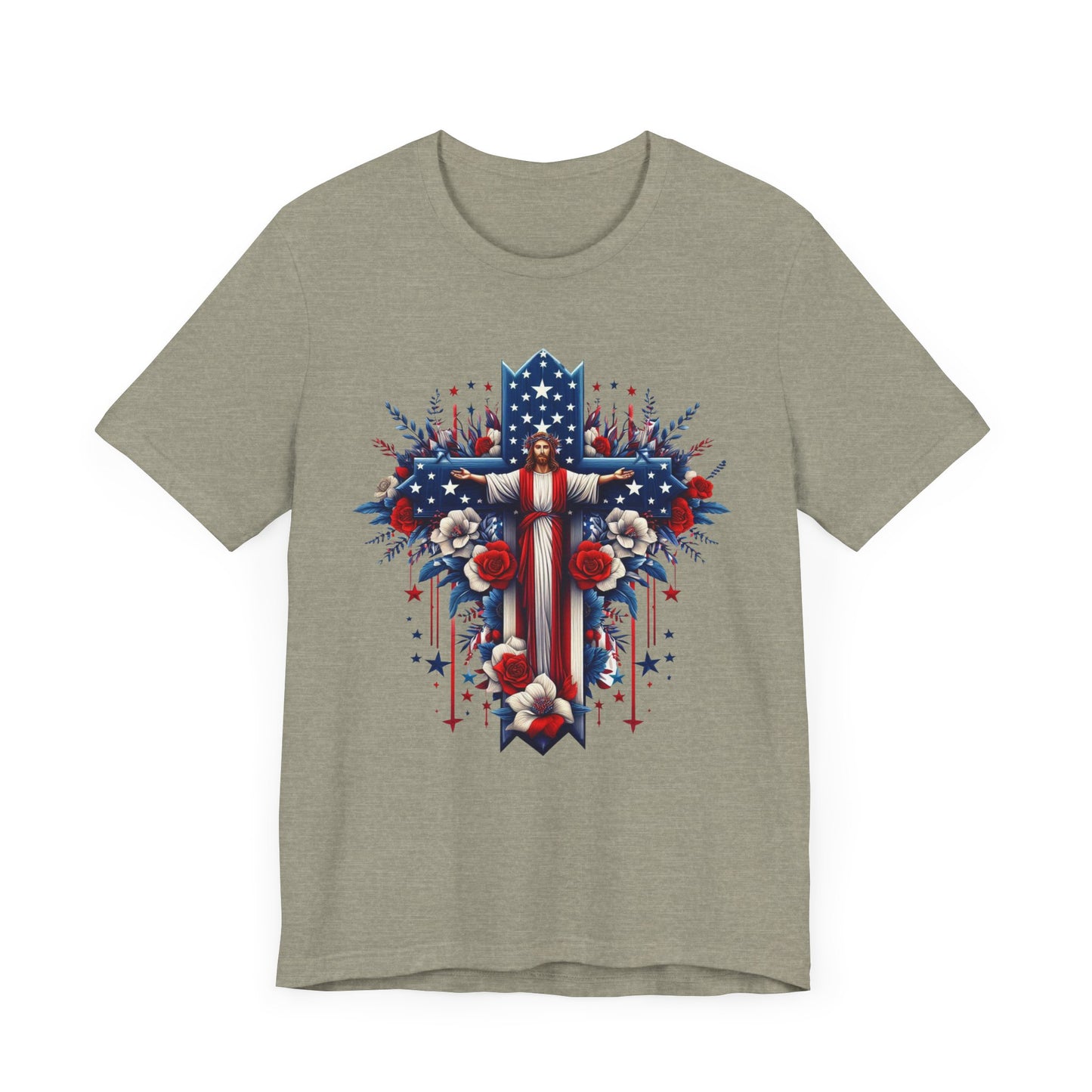 Jesus on Cross Patriotic Graphic Tee, Fun Summer T-Shirt, Holiday Apparel, 4th of July Shirt
