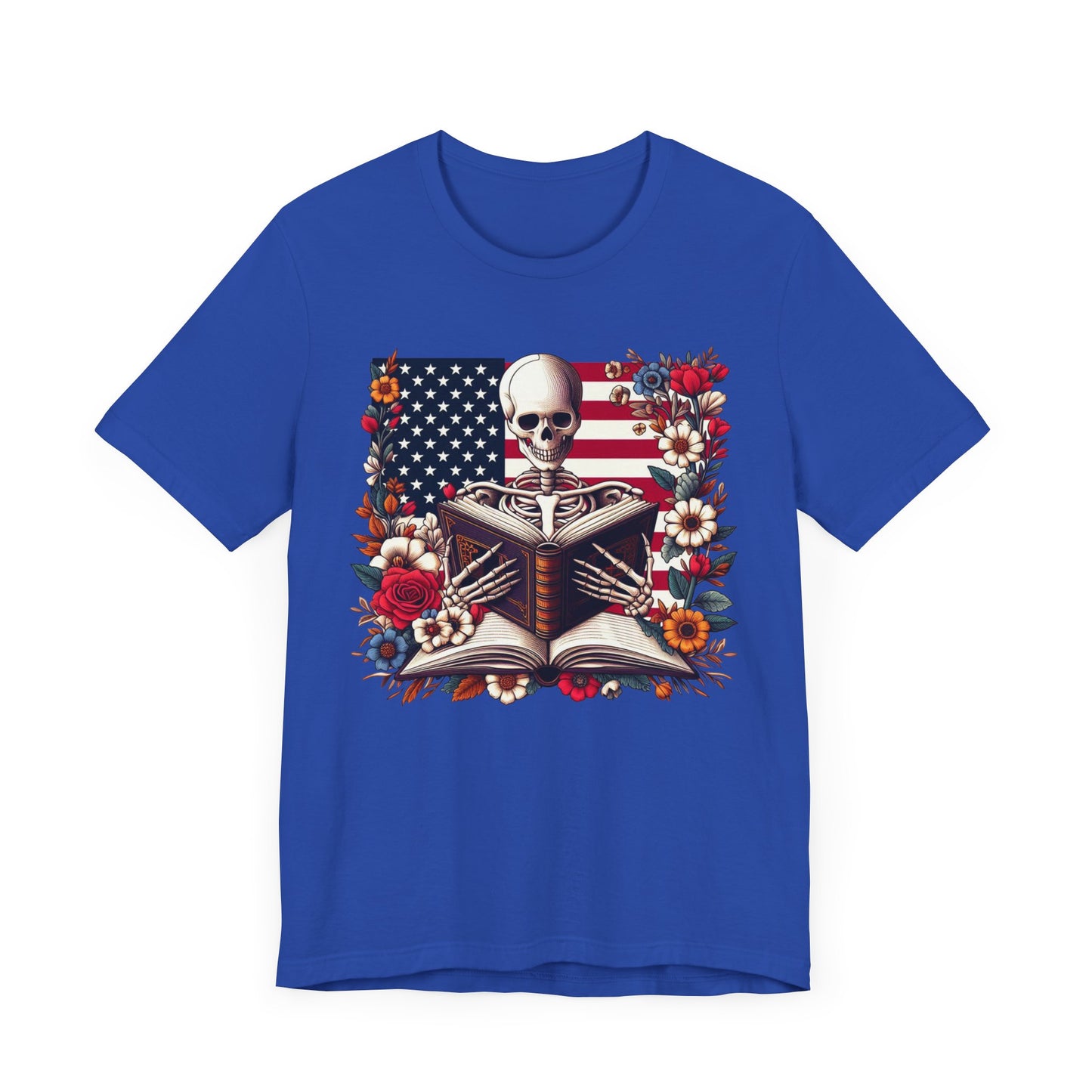 Reading Skeleton Patriotic Graphic Tee, Fun Summer T-Shirt, Holiday Apparel, 4th of July Shirt
