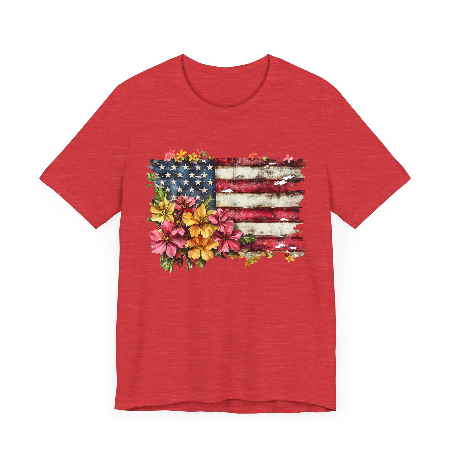 Floral Tattered Flag Patriotic Graphic Tee, Fun Summer T-Shirt, Holiday Apparel, 4th of July Shirt