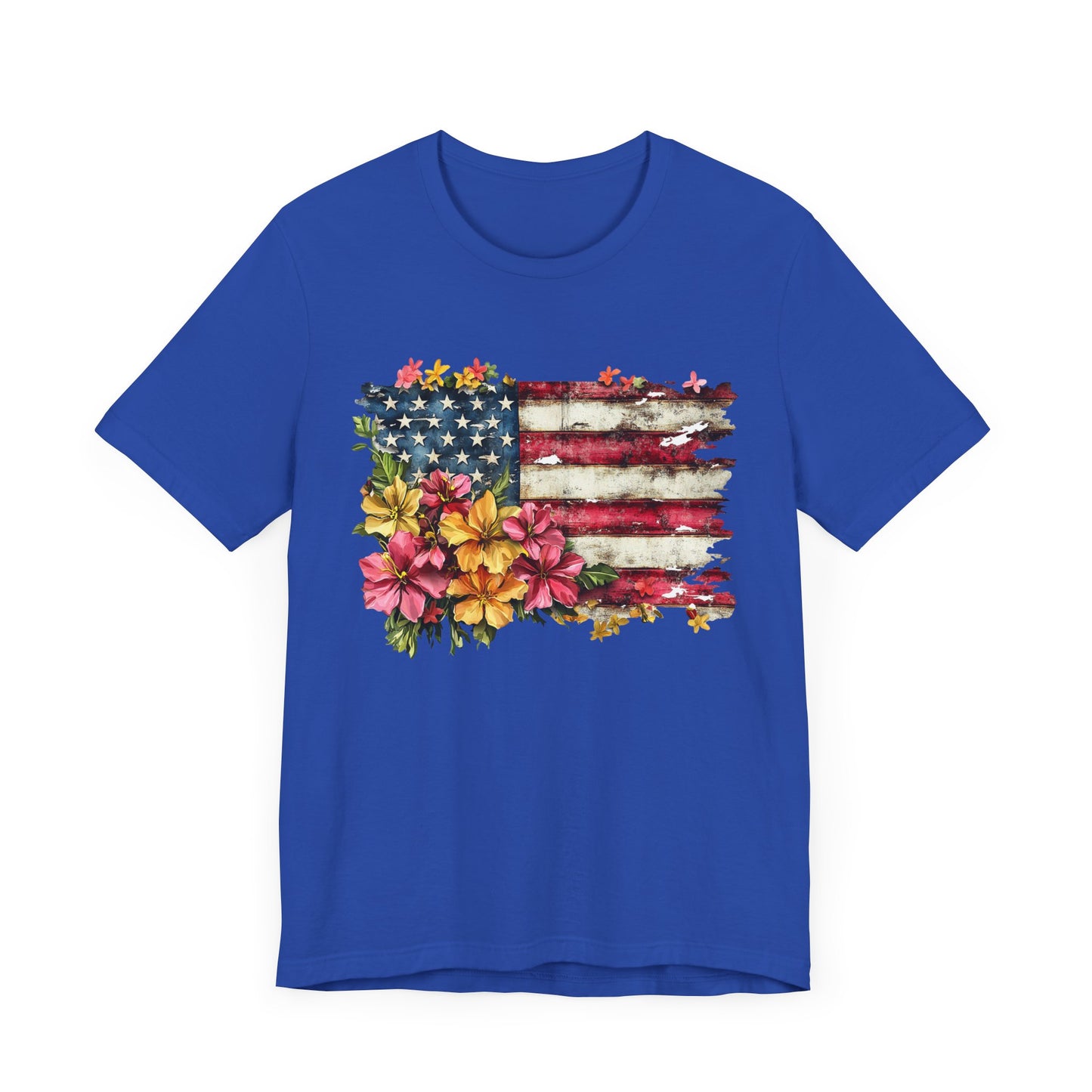Floral Tattered Flag Patriotic Graphic Tee, Fun Summer T-Shirt, Holiday Apparel, 4th of July Shirt