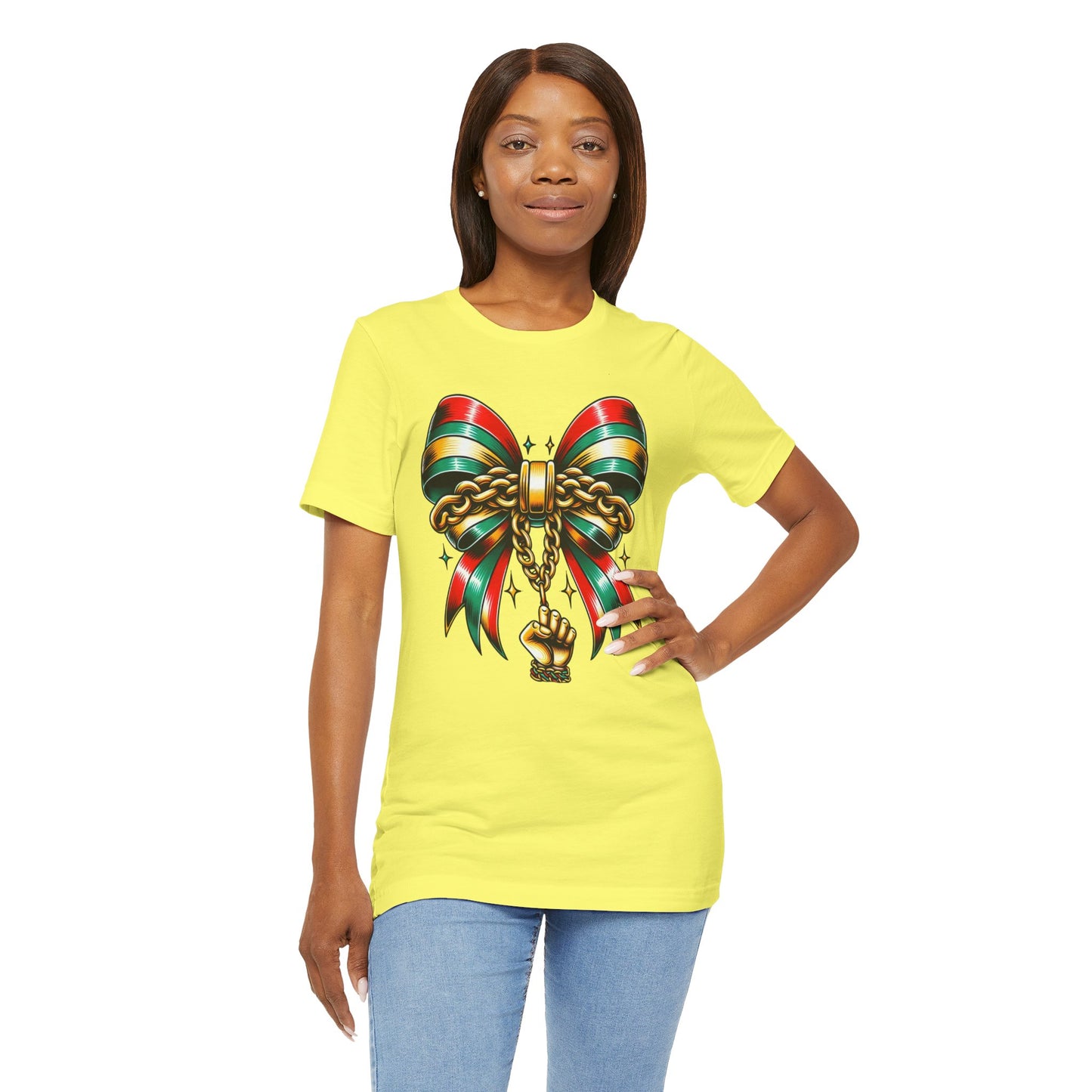 Bow and Chain Juneteenth Celebration Tee, Unisex Jersey Tee, Freedom Shirt, Equality Apparel, Black History Month Gift, Activist Fashion