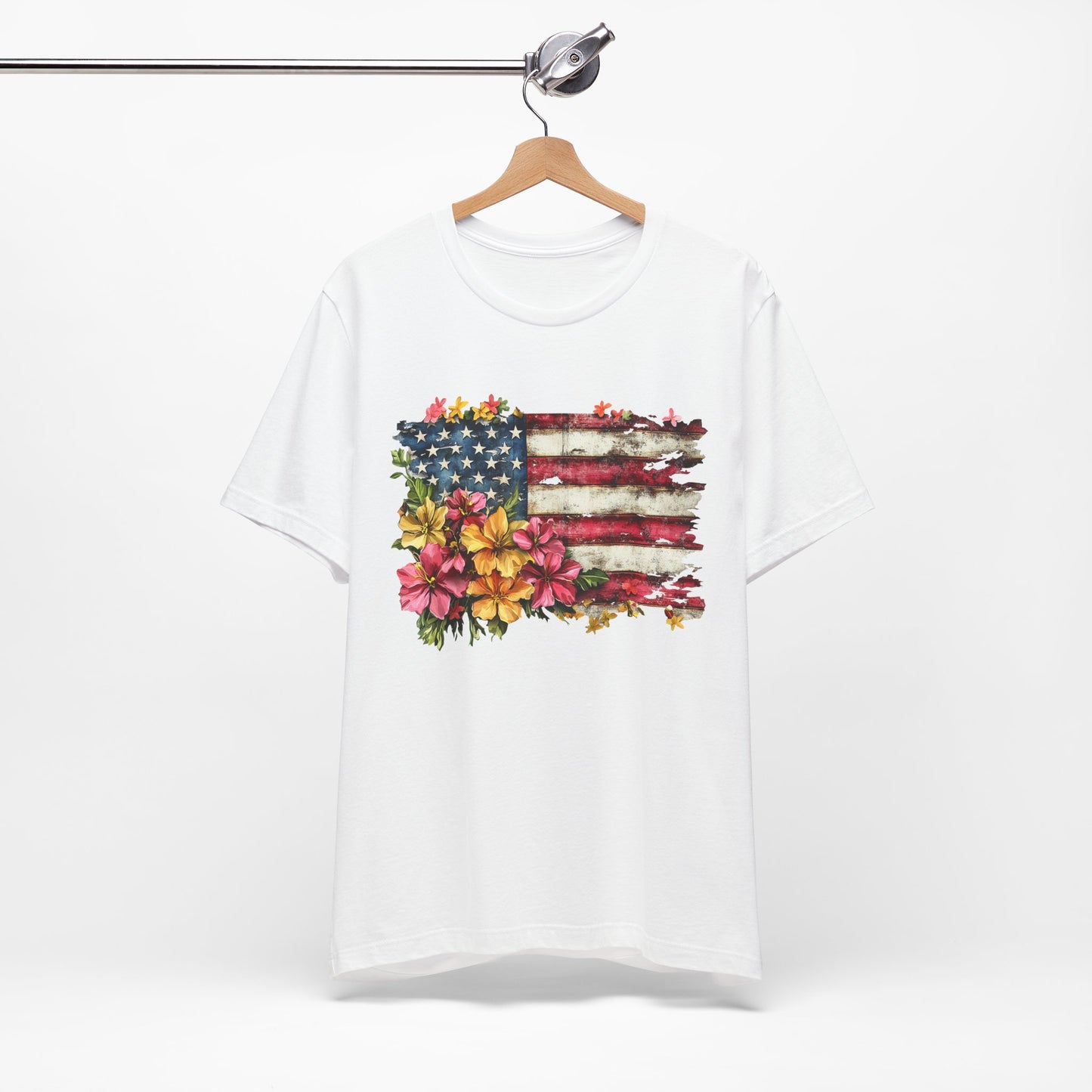 Floral Tattered Flag Patriotic Graphic Tee, Fun Summer T-Shirt, Holiday Apparel, 4th of July Shirt