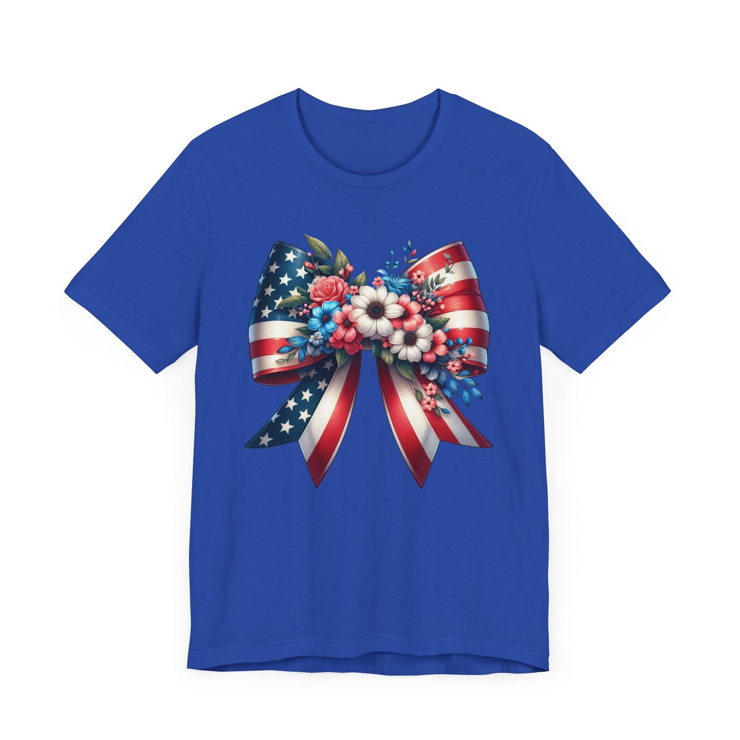 Floral Bow Patriotic Graphic Tee, Fun Summer T-Shirt, Holiday Apparel, 4th of July Shirt