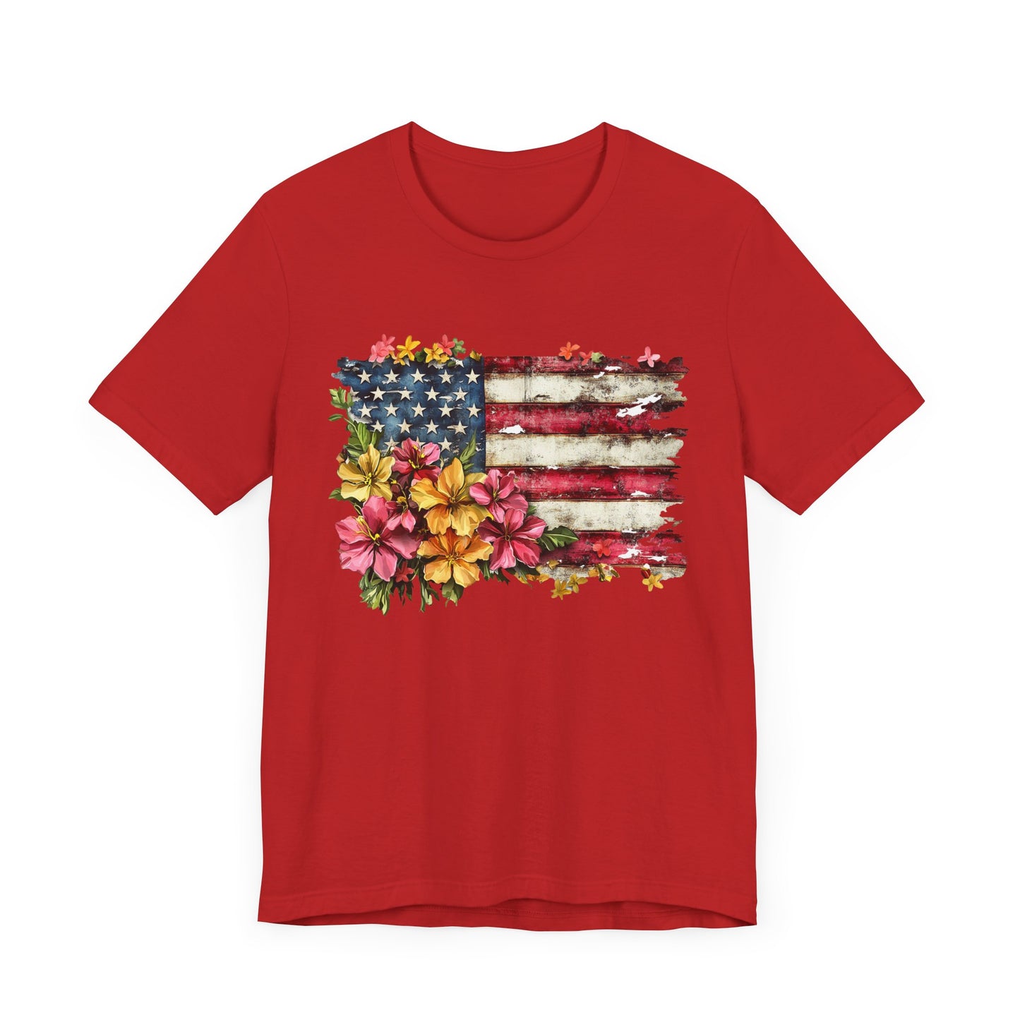 Floral Tattered Flag Patriotic Graphic Tee, Fun Summer T-Shirt, Holiday Apparel, 4th of July Shirt
