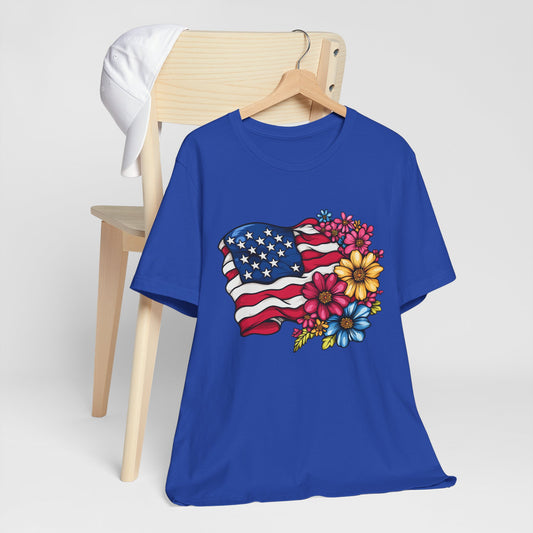 Floral American Flag Patriotic Graphic Tee, Fun Summer T-Shirt, Holiday Apparel, 4th of July Shirt
