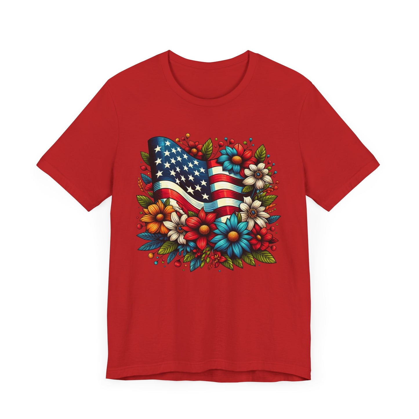 Flag and Flowers Patriotic Graphic Tee, Fun Summer T-Shirt, Holiday Apparel, 4th of July Shirt