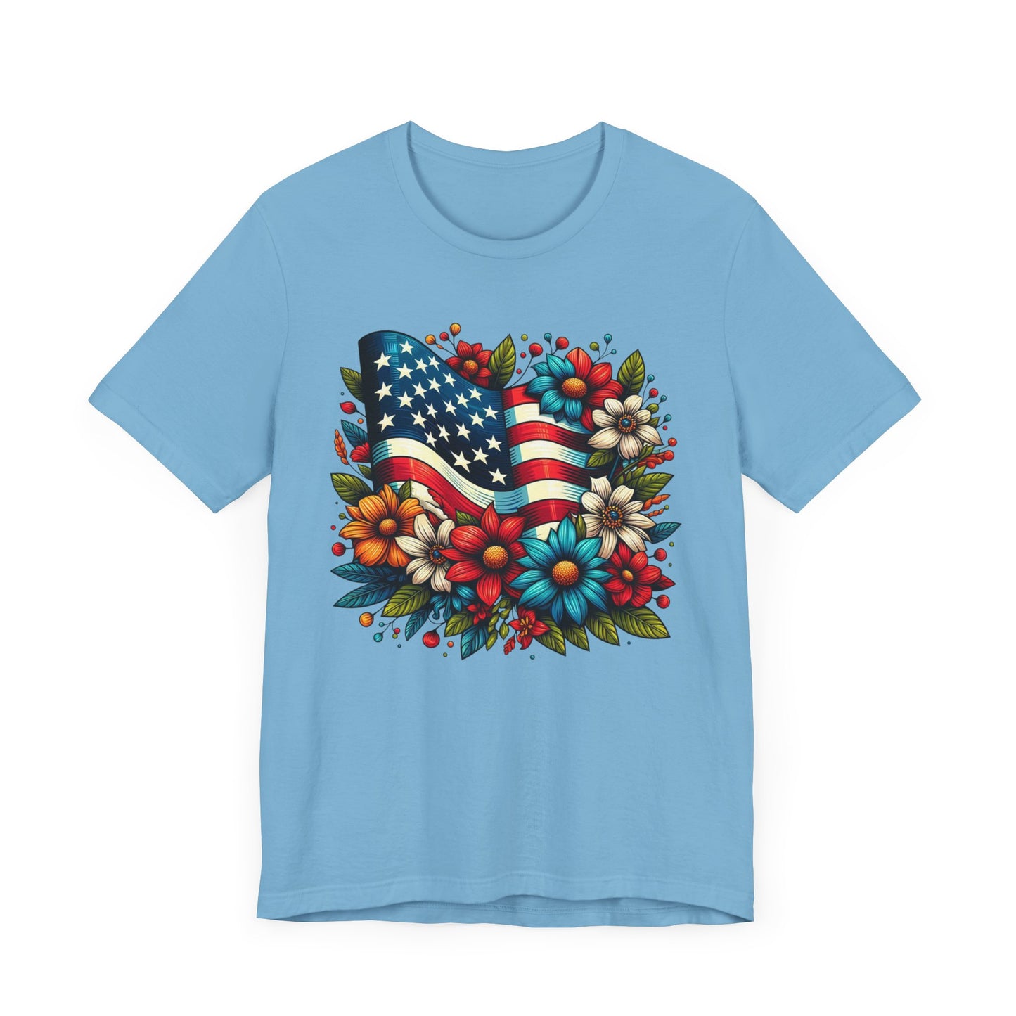 Flag and Flowers Patriotic Graphic Tee, Fun Summer T-Shirt, Holiday Apparel, 4th of July Shirt
