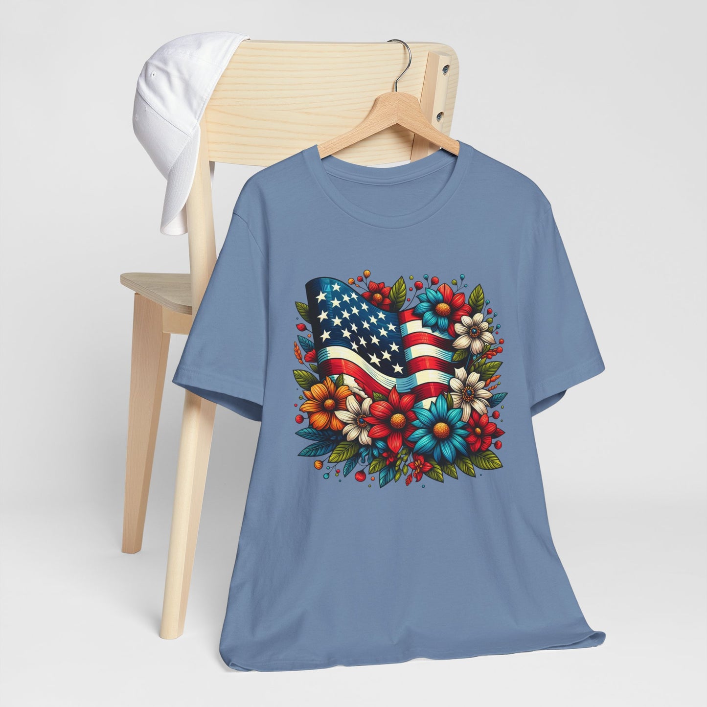 Flag and Flowers Patriotic Graphic Tee, Fun Summer T-Shirt, Holiday Apparel, 4th of July Shirt