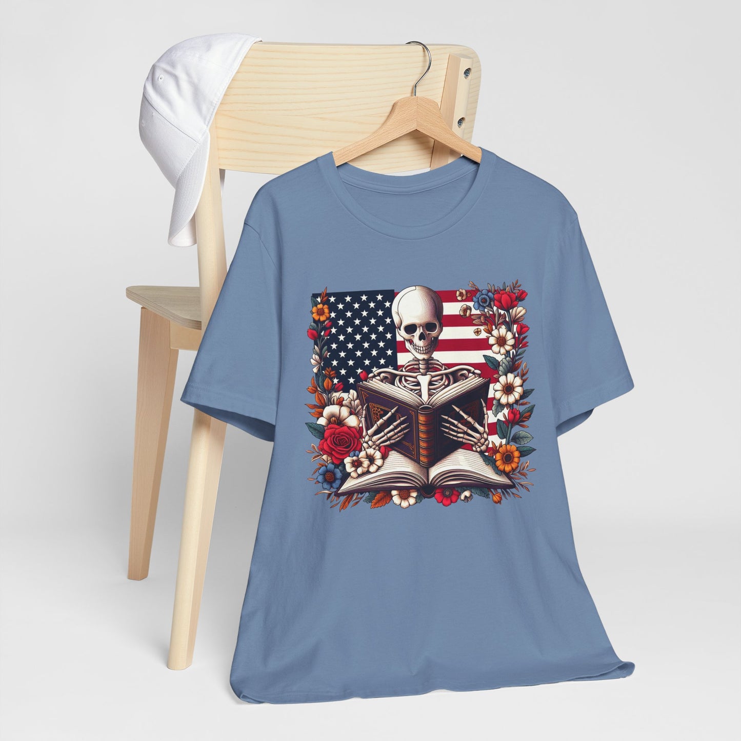 Reading Skeleton Patriotic Graphic Tee, Fun Summer T-Shirt, Holiday Apparel, 4th of July Shirt