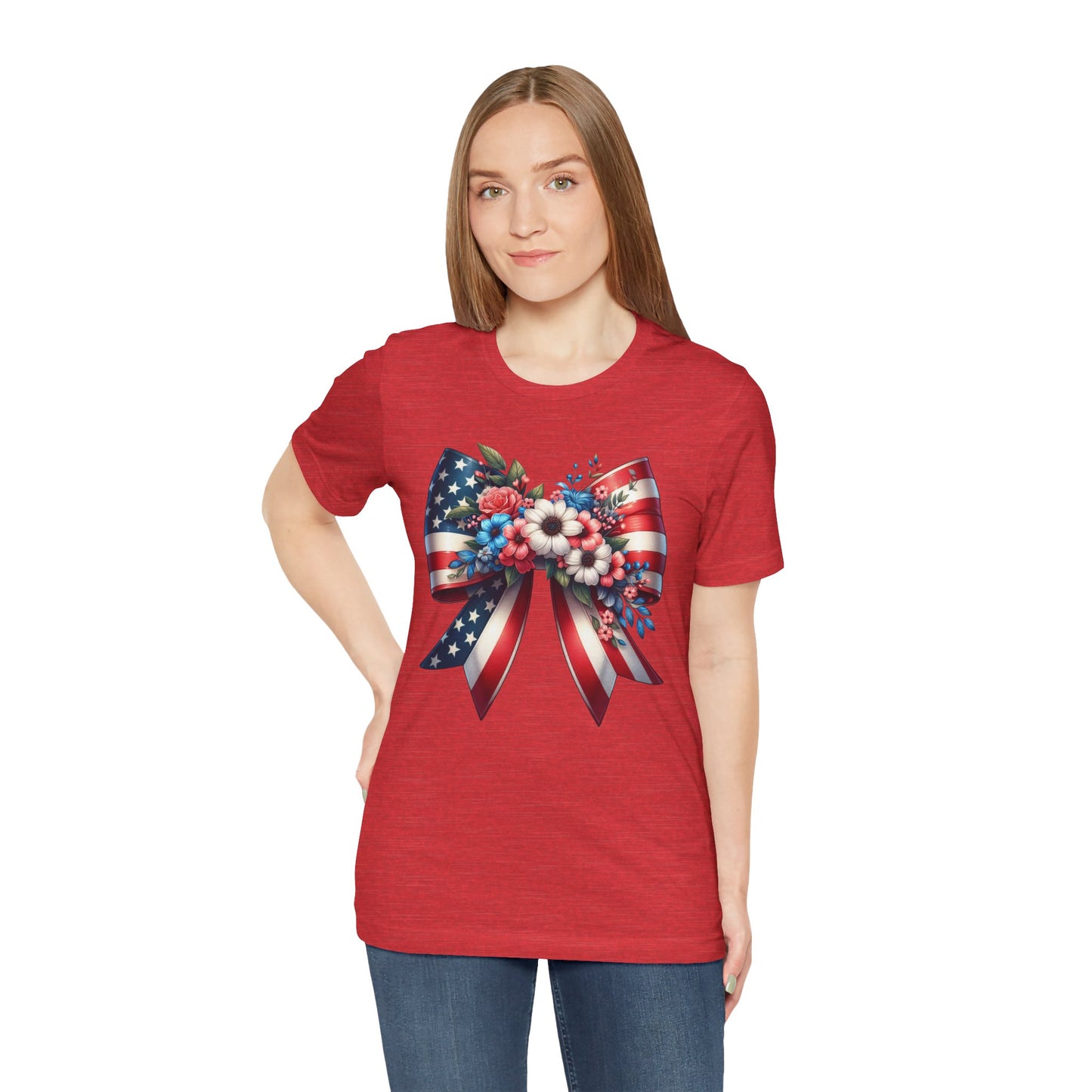 Floral Bow Patriotic Graphic Tee, Fun Summer T-Shirt, Holiday Apparel, 4th of July Shirt