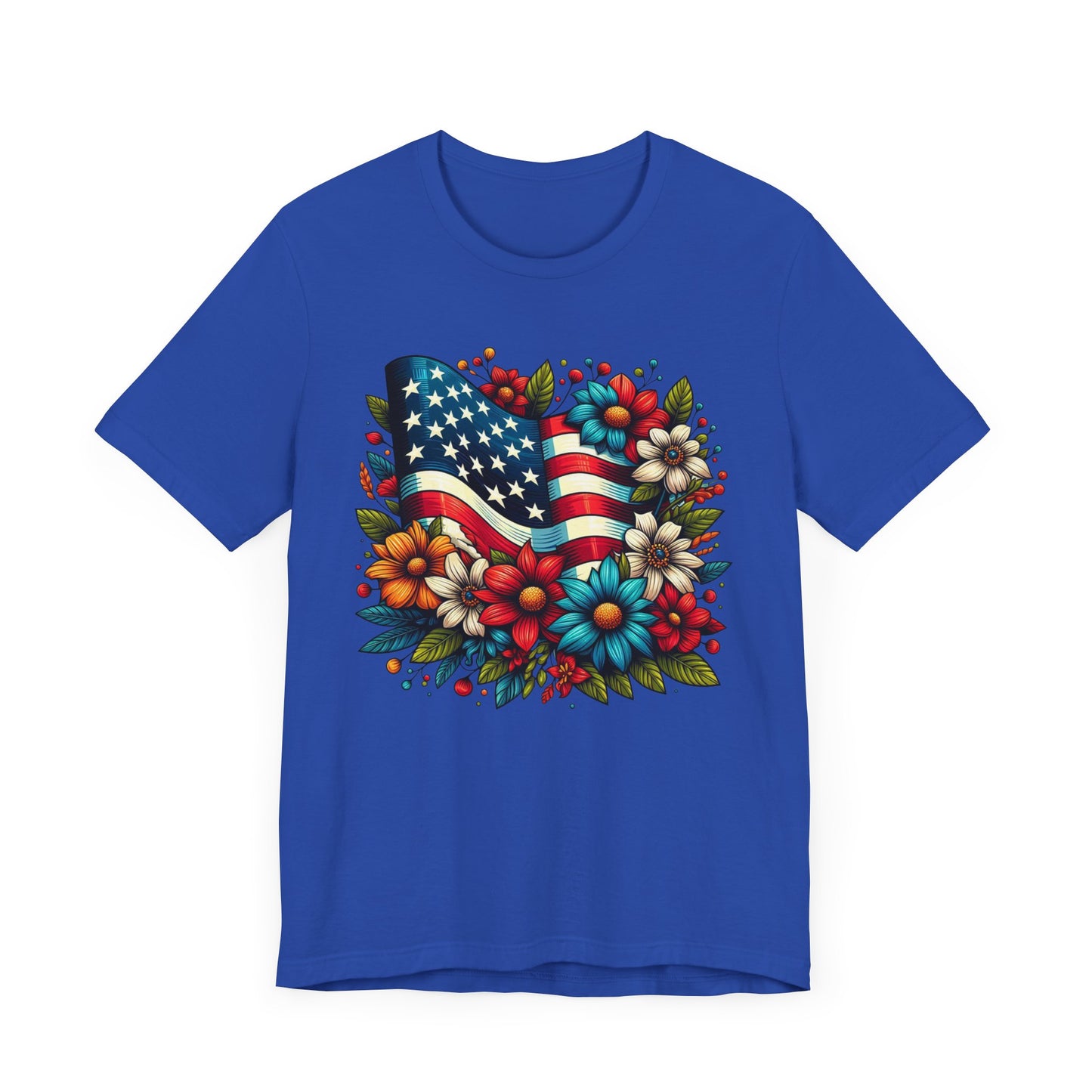 Flag and Flowers Patriotic Graphic Tee, Fun Summer T-Shirt, Holiday Apparel, 4th of July Shirt