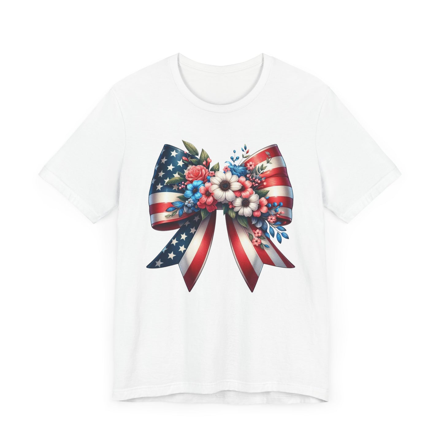 Floral Bow Patriotic Graphic Tee, Fun Summer T-Shirt, Holiday Apparel, 4th of July Shirt