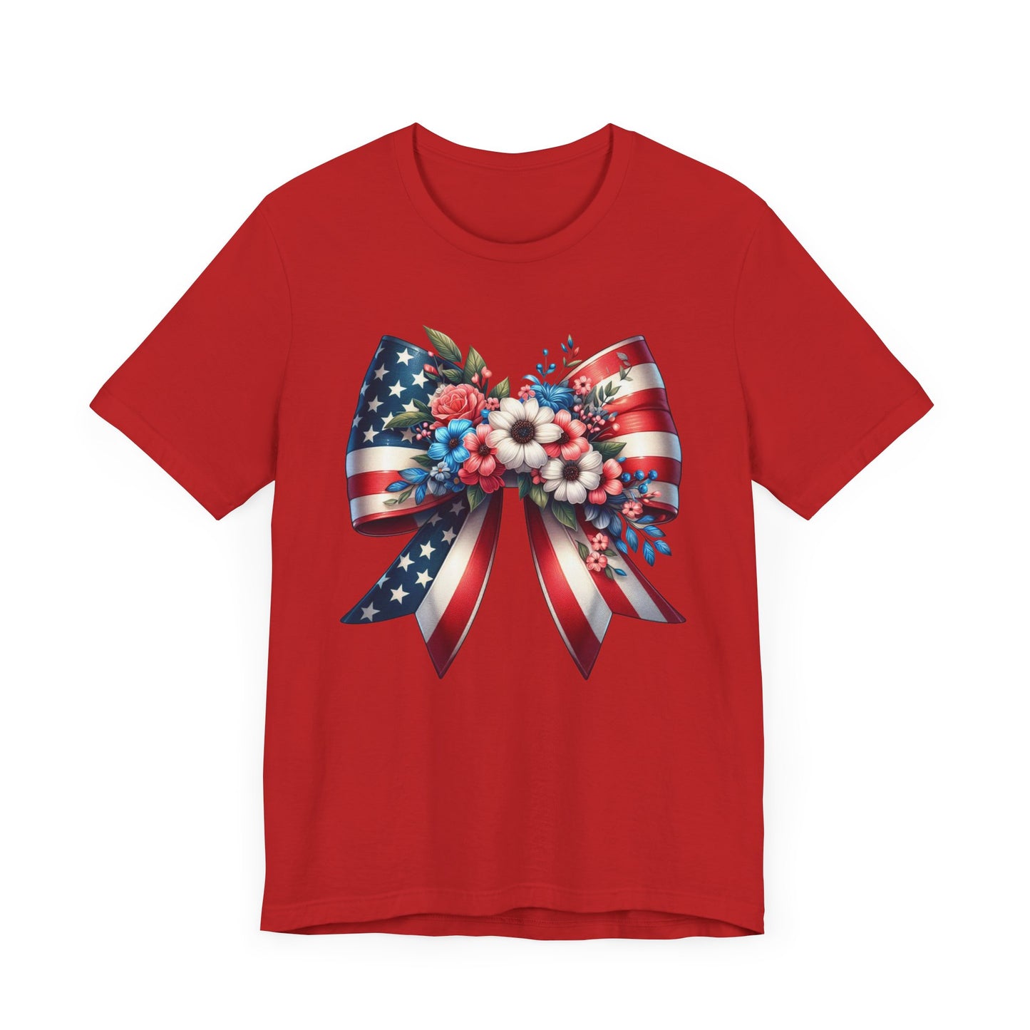 Floral Bow Patriotic Graphic Tee, Fun Summer T-Shirt, Holiday Apparel, 4th of July Shirt