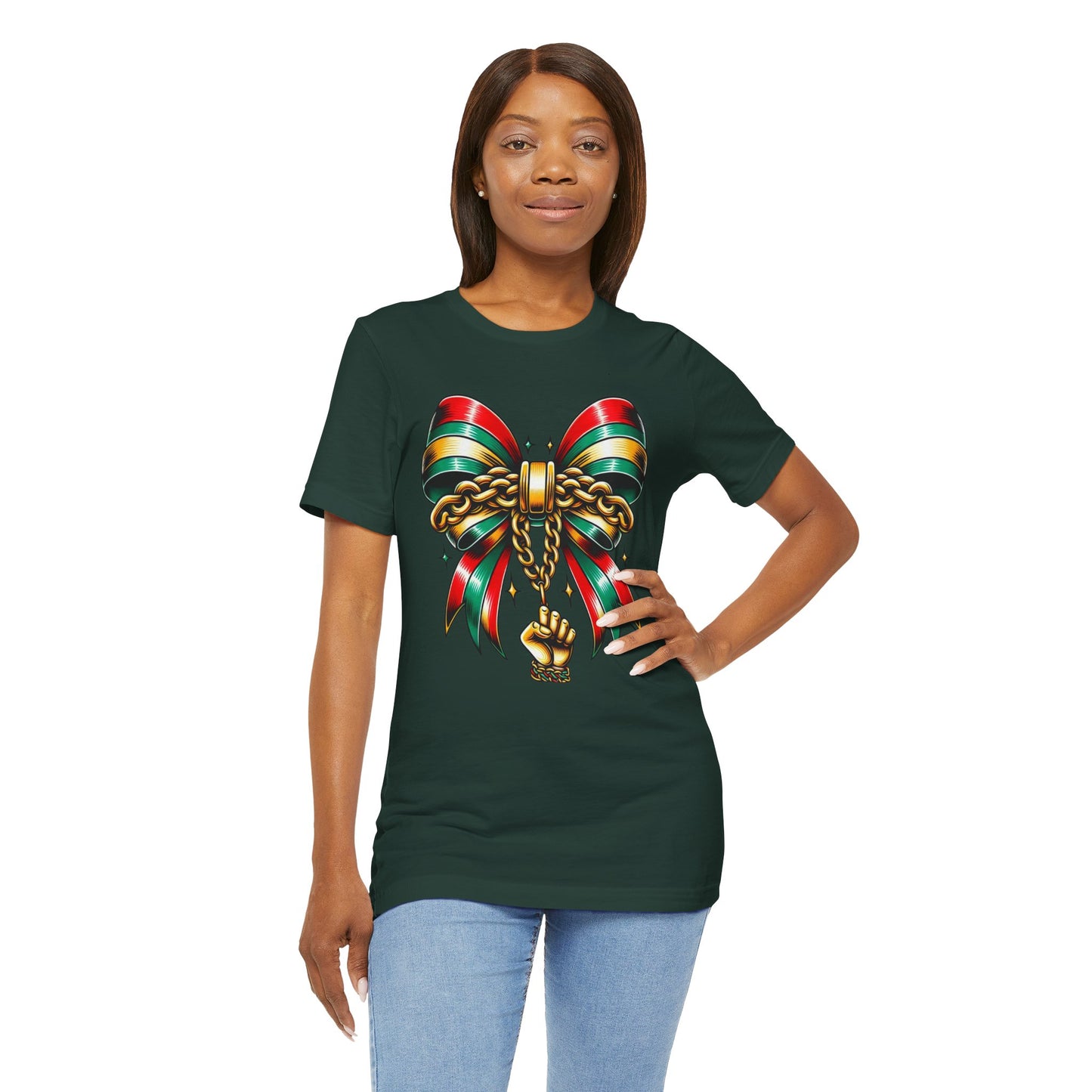 Bow and Chain Juneteenth Celebration Tee, Unisex Jersey Tee, Freedom Shirt, Equality Apparel, Black History Month Gift, Activist Fashion