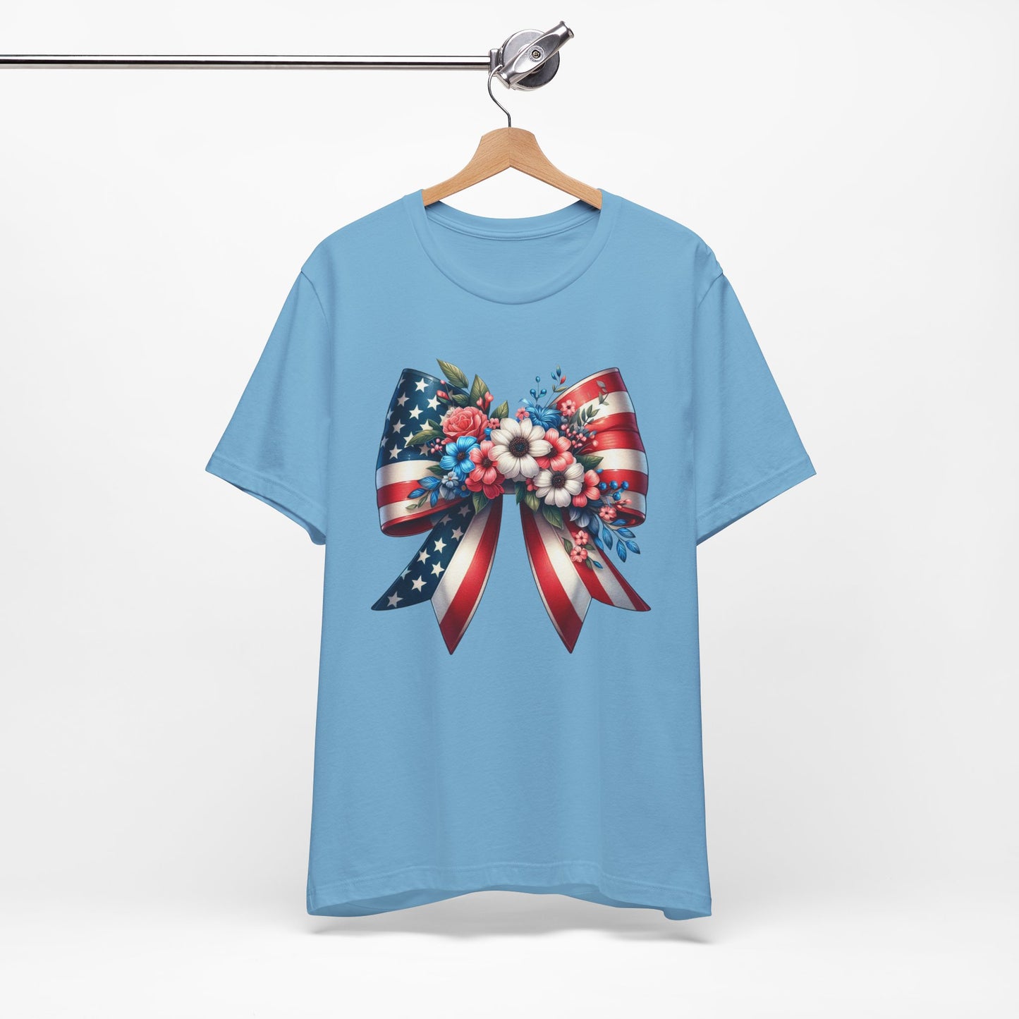 Floral Bow Patriotic Graphic Tee, Fun Summer T-Shirt, Holiday Apparel, 4th of July Shirt