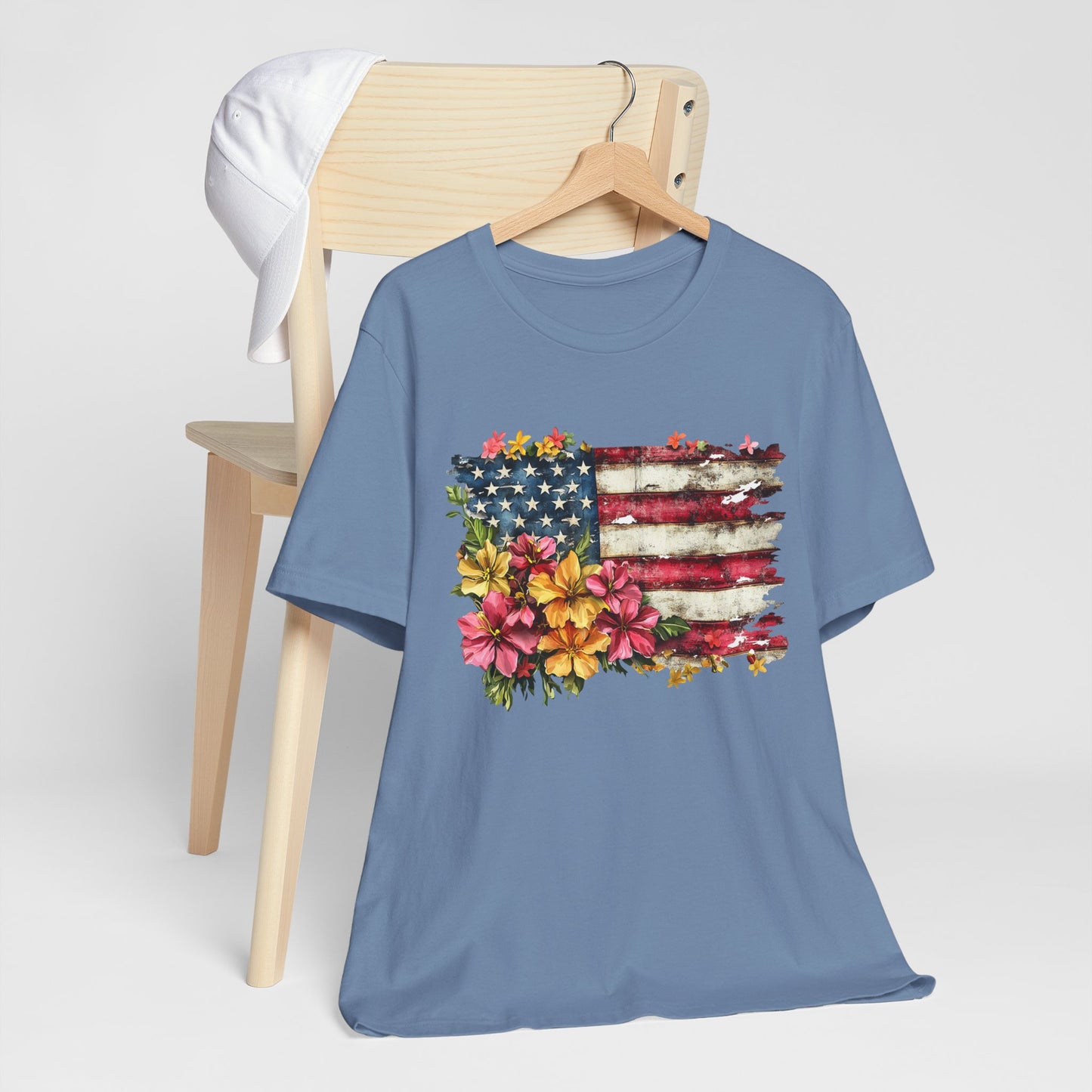 Floral Tattered Flag Patriotic Graphic Tee, Fun Summer T-Shirt, Holiday Apparel, 4th of July Shirt