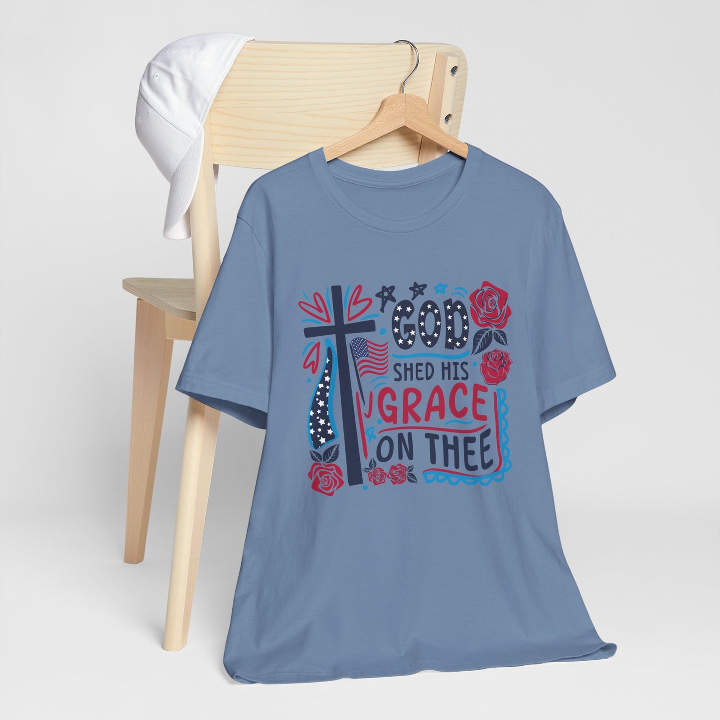 Gods Grace on Thee Patriotic Graphic Tee, Fun Summer T-Shirt, Holiday Apparel, 4th of July Shirt
