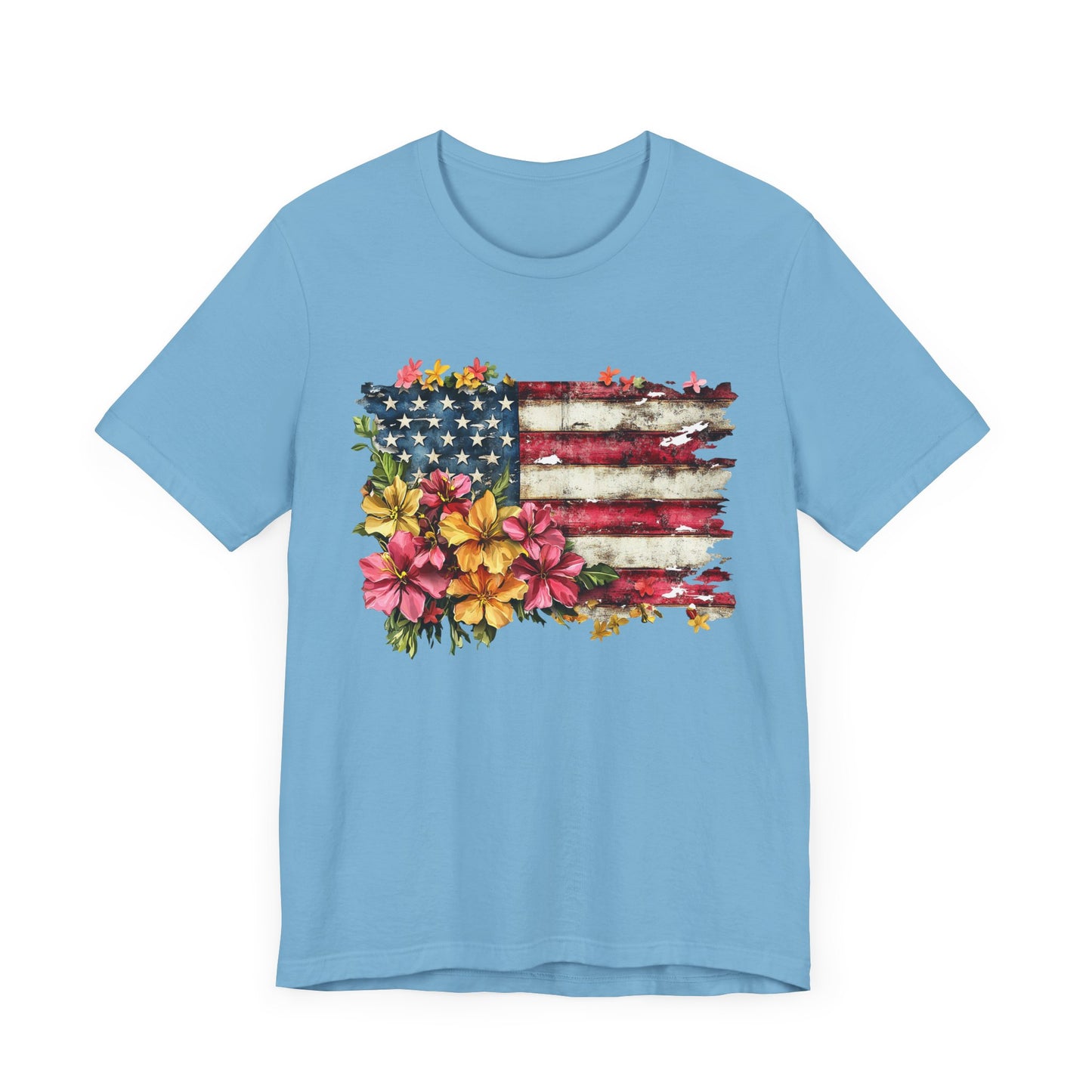 Floral Tattered Flag Patriotic Graphic Tee, Fun Summer T-Shirt, Holiday Apparel, 4th of July Shirt