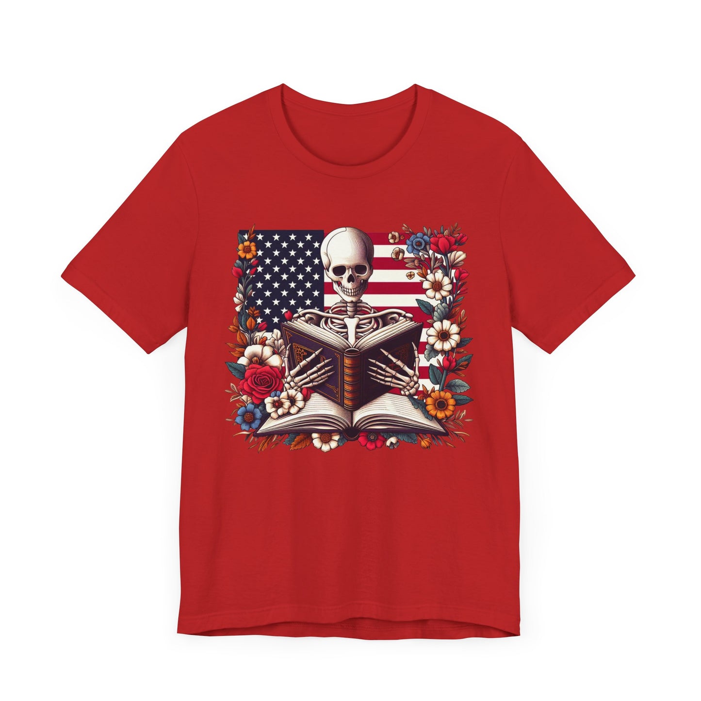 Reading Skeleton Patriotic Graphic Tee, Fun Summer T-Shirt, Holiday Apparel, 4th of July Shirt