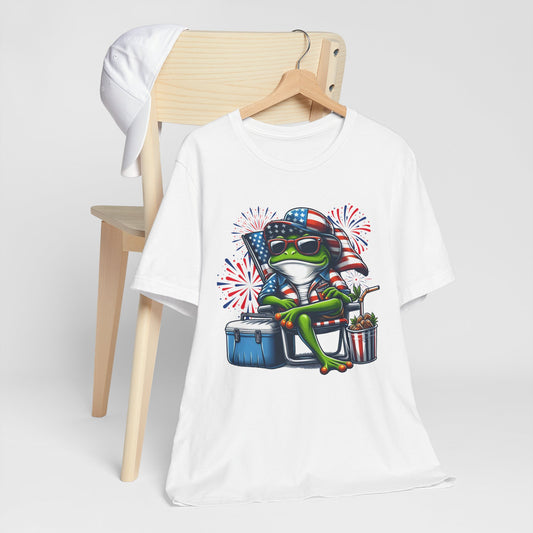 Patriotic Frog Graphic Tee, Fun Summer T-Shirt, Holiday Apparel, 4th of July Shirt